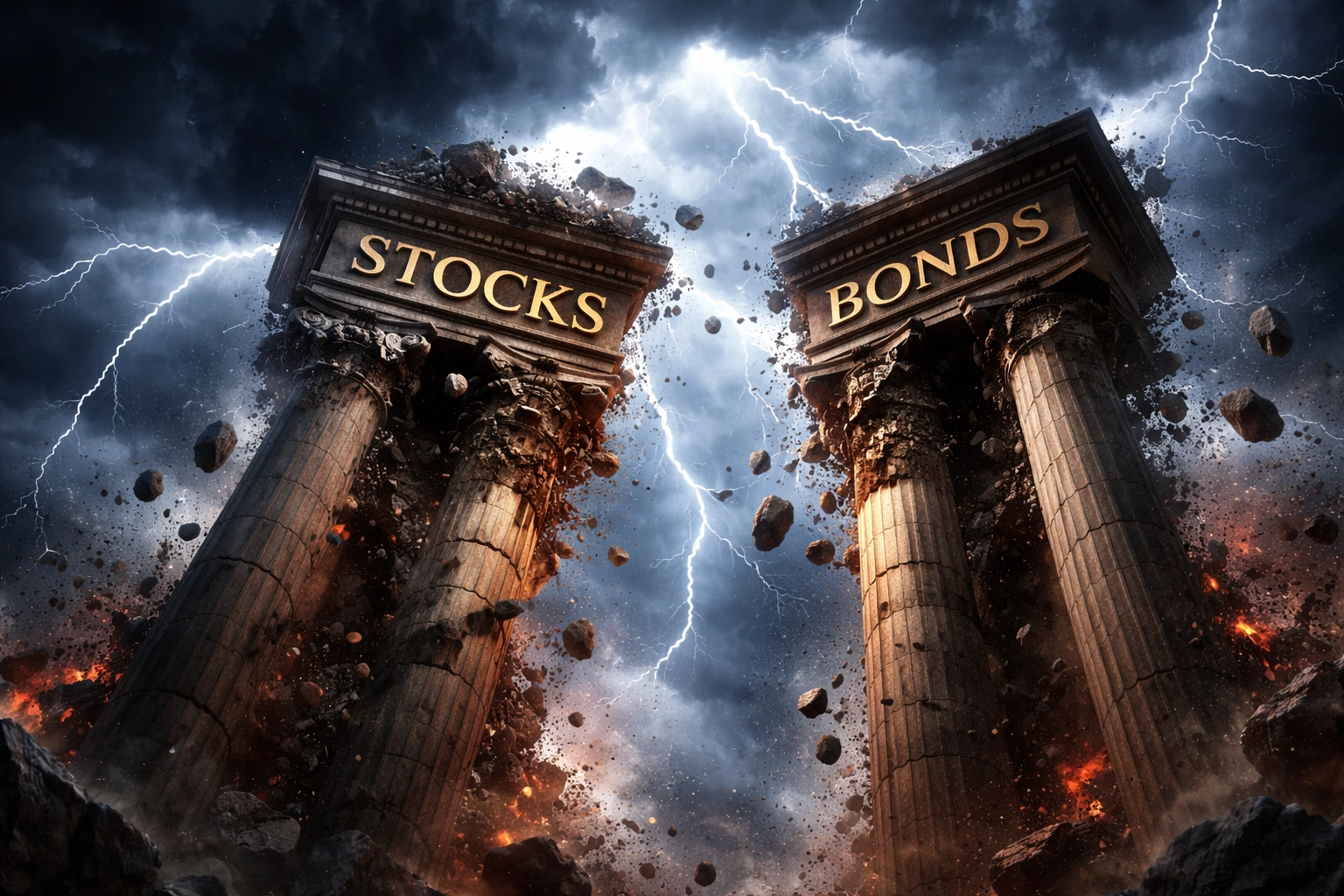 Crumbling pillars labeled stocks and bonds under stormy skies, symbolizing 60/40 portfolio risks and market volatility