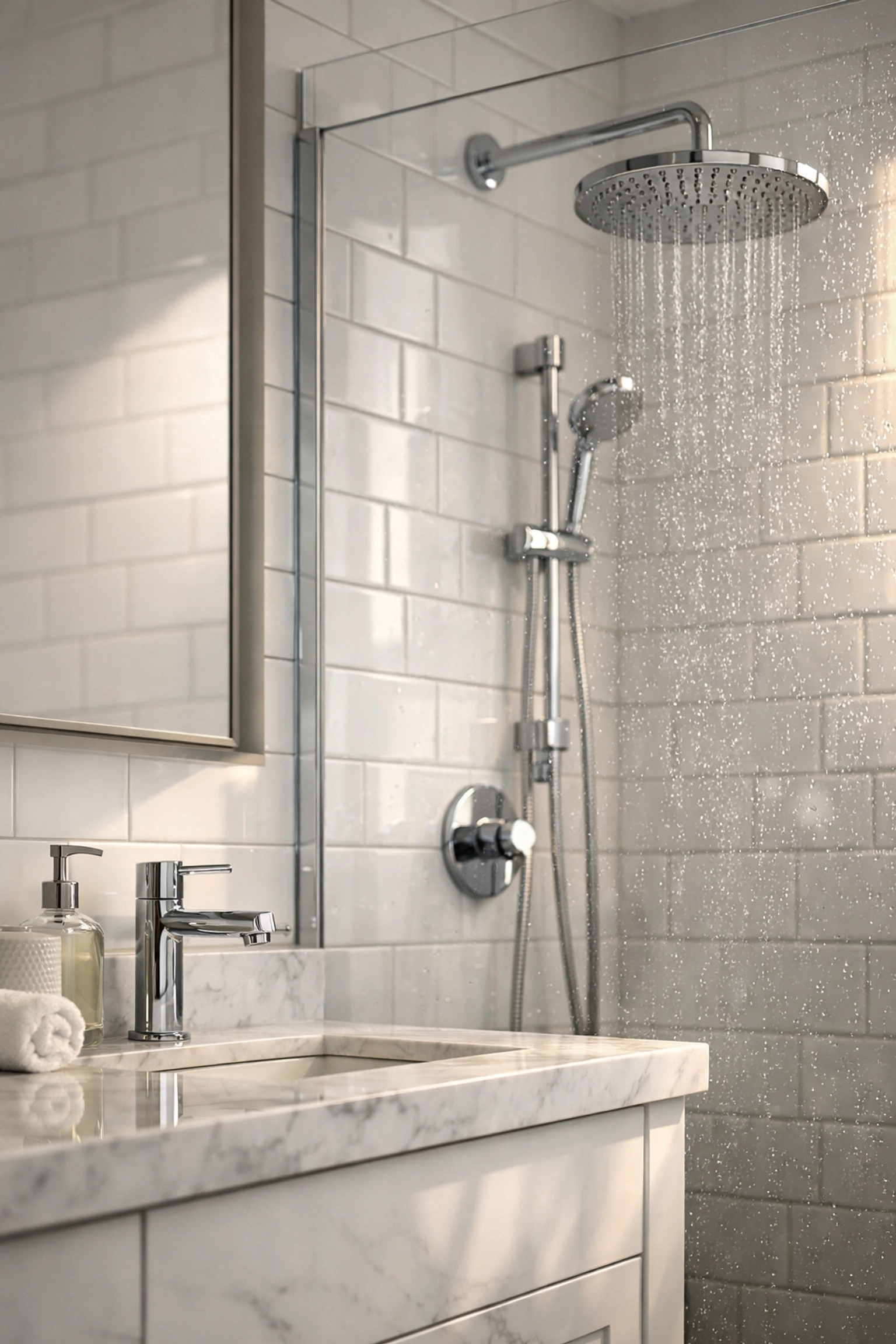 Professionally cleaned modern bathroom with white subway tiles and spotless glass in a Midwest rental unit.