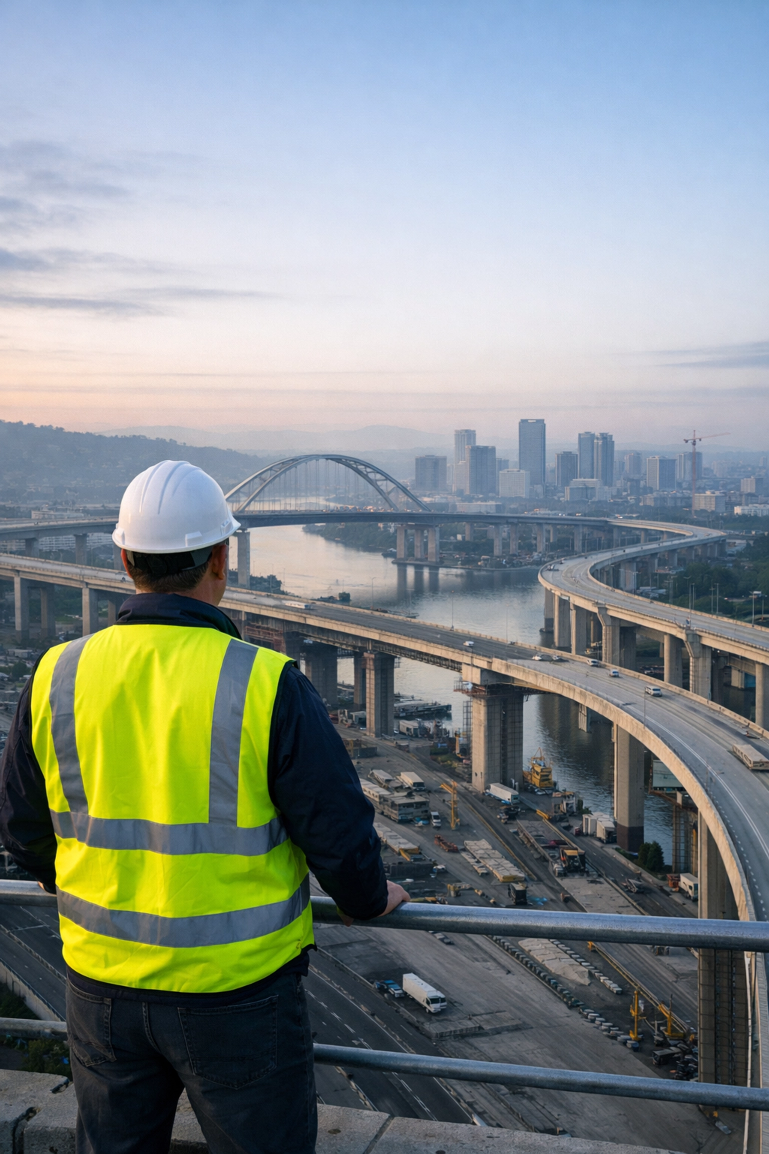 A worker viewing an infrastructure project, representing strategic growth and the builder's advantage in retirement.