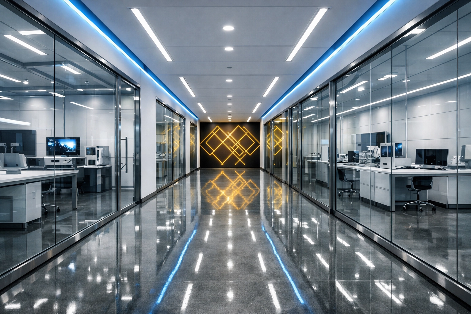 Shiny floors and clean glass walls in a high-tech Bedford laboratory reflecting expert commercial cleaning care.