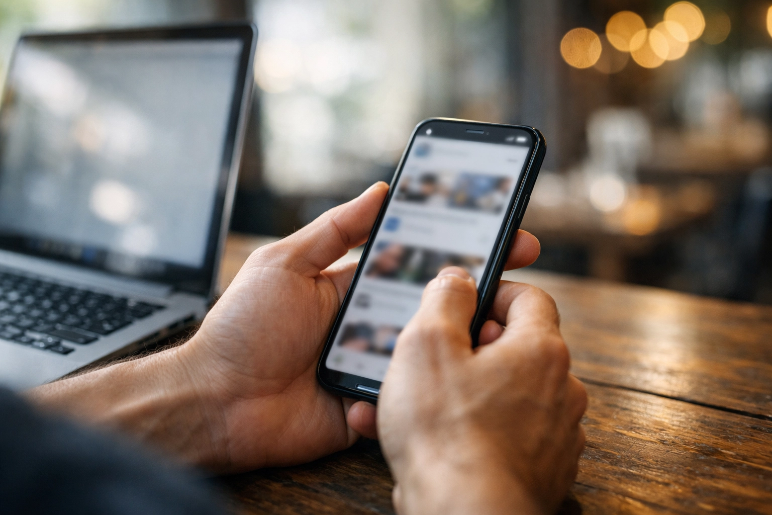 Cinematic close-up of a smartphone beside an open laptop on a wooden table in a local business setting, with soft natural light and shallow depth of field.