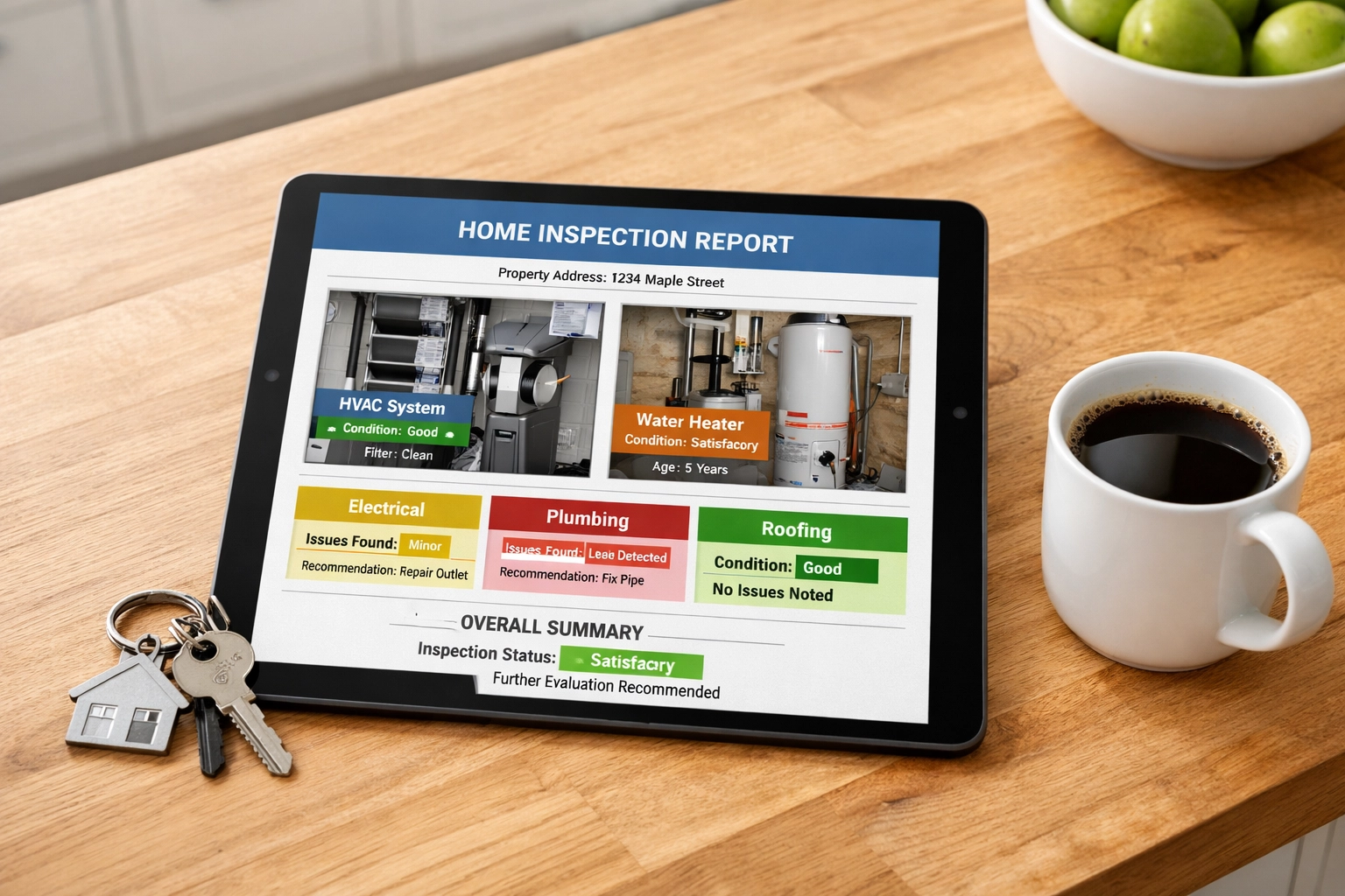 Same-day digital home inspection report on a tablet featuring detailed photos and findings for Edmonton buyers.