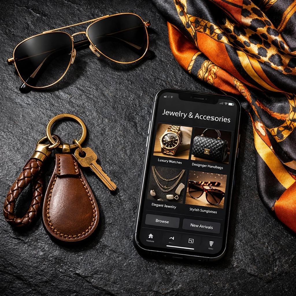 Curated Black-owned accessories including sunglasses and a silk scarf from the online marketplace.