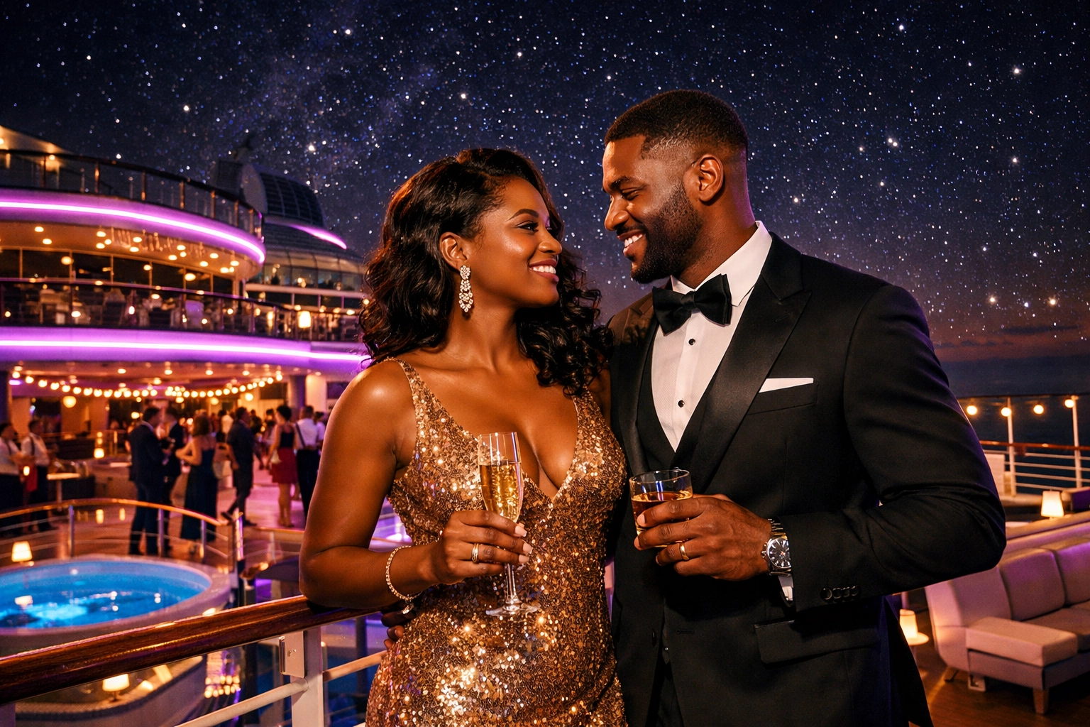 Stylish couple at a nighttime event on a ship deck, managed by an expert Lifestyle Cruises travel agent.
