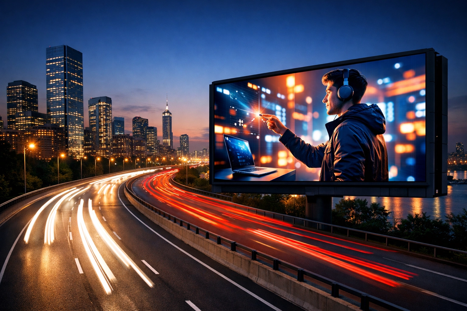 Digital billboard along a modern highway at twilight showcasing Dakdan Worldwide transportation advertising networks.