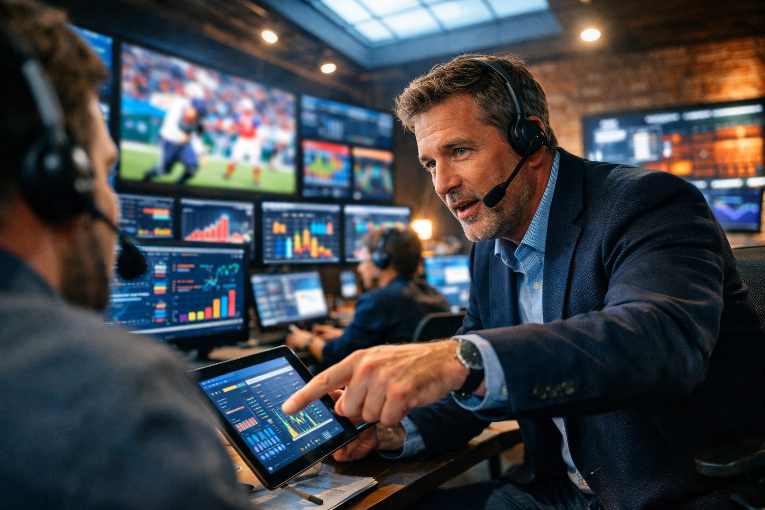 Media strategists managing a real-time war room with live data analytics for Super Bowl branding agility.