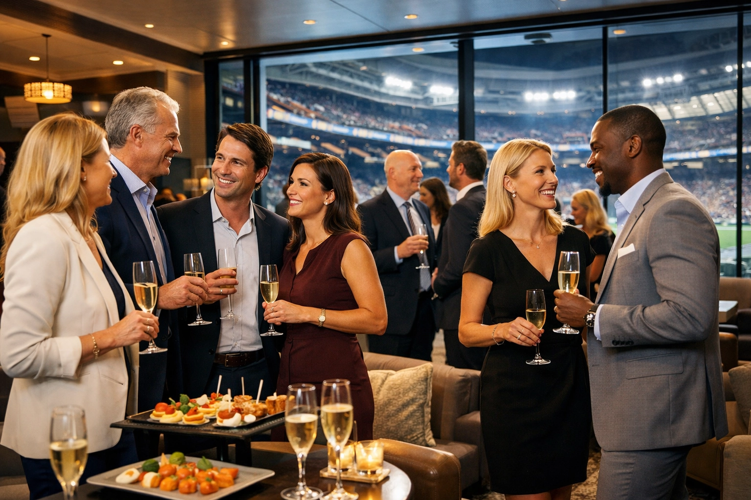 Business professionals networking at Super Bowl pre-game VIP hospitality lounge
