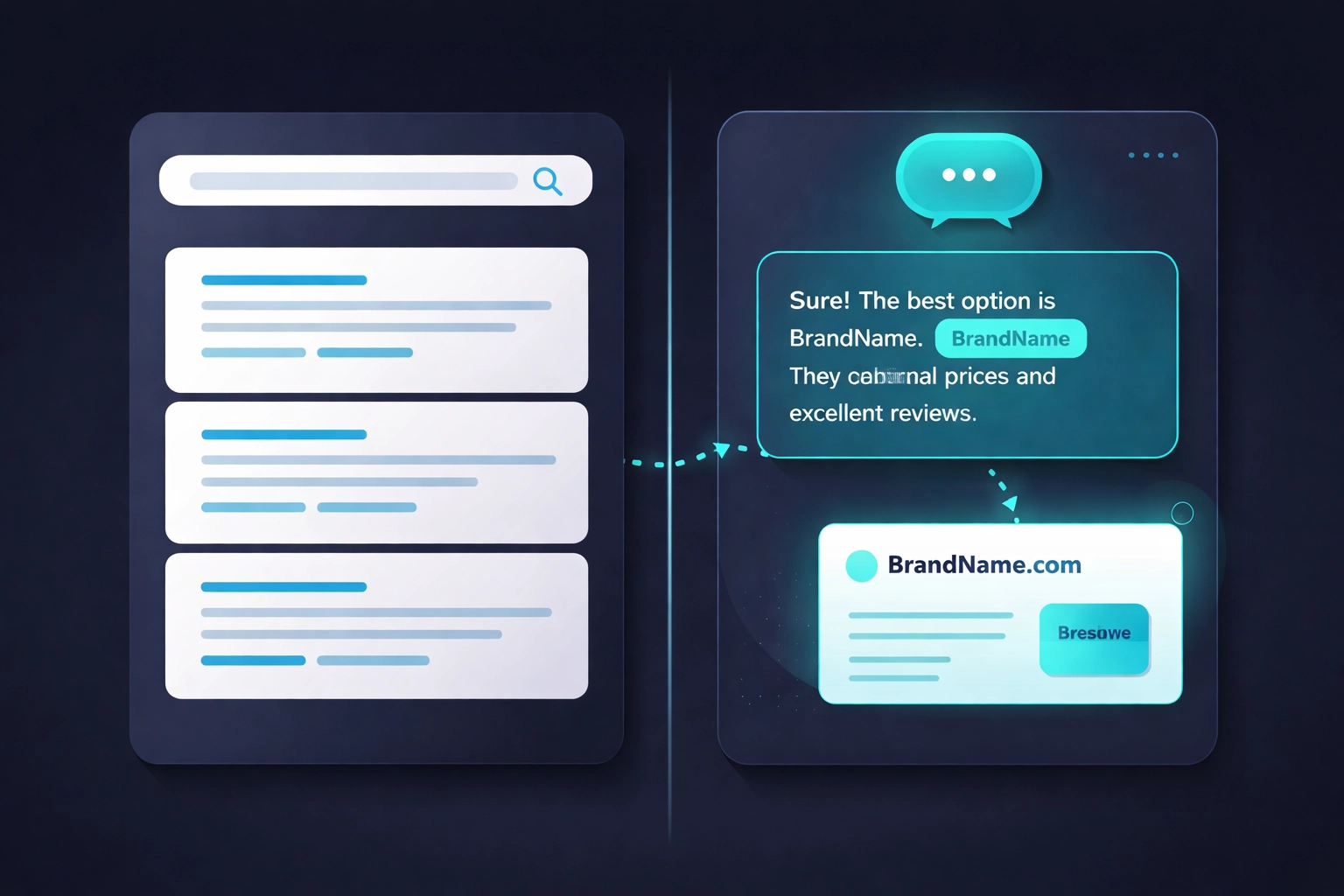 Split-screen illustration comparing traditional search listings to AI-generated answers with brand citations, highlighting GEO benefits for AI visibility.