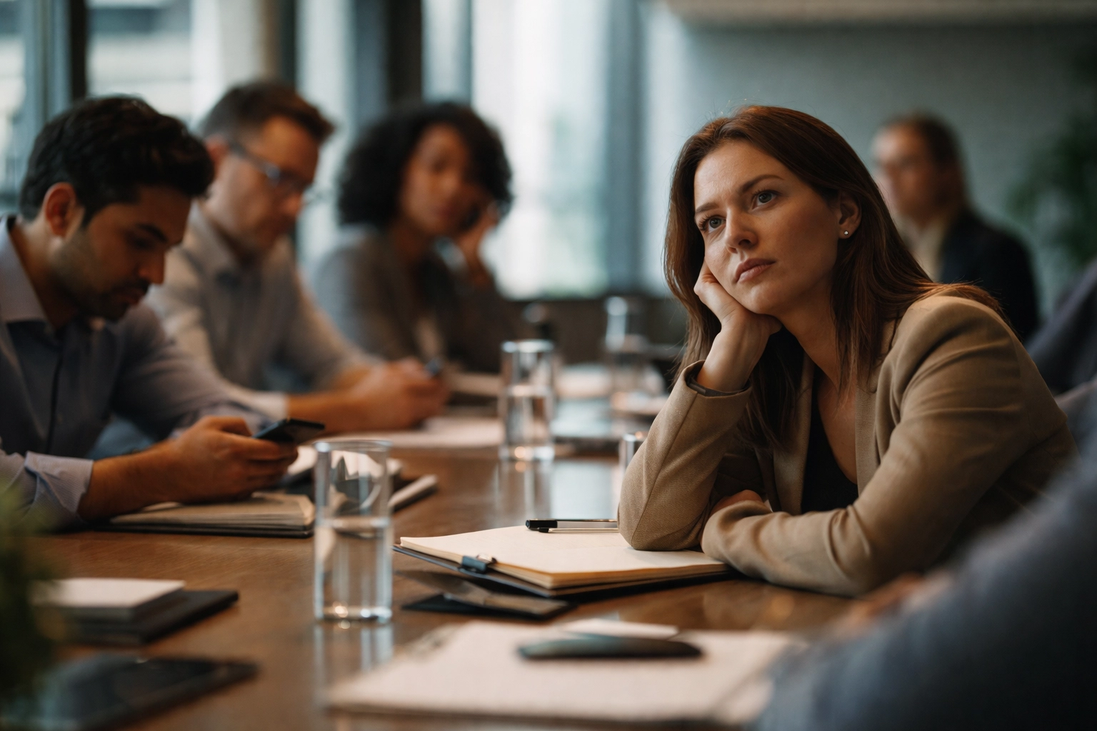 Corporate team sitting in a meeting, disengaged and distant, illustrating workplace disconnection and social wellbeing challenges.