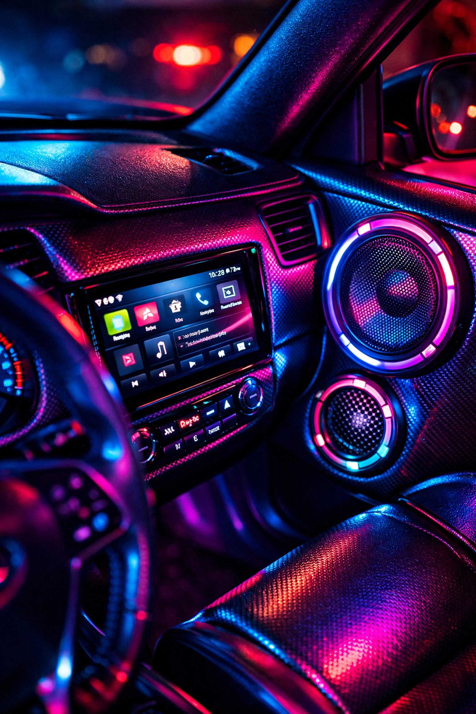 Modern car audio Chattanooga TN upgrade featuring a touchscreen head unit and custom door speakers.