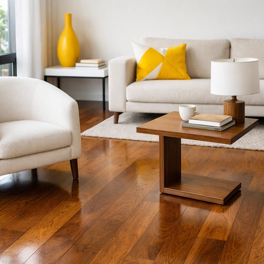 Impeccably maintained hardwood flooring in a modern Chicago residential living room highlighting expert dustless sanding.