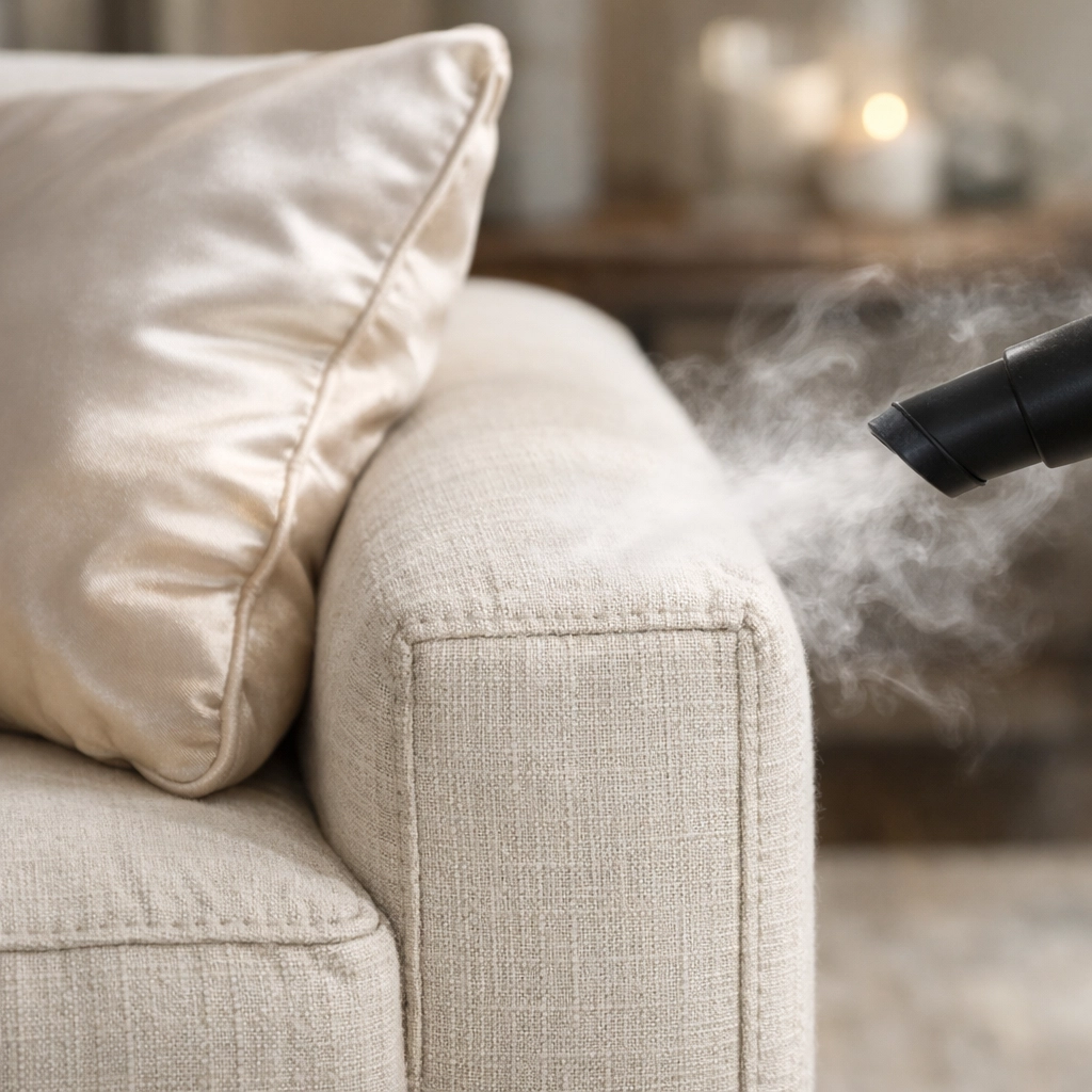 Professional steam cleaning of a designer linen sofa and silk pillow using non-toxic fabric care.