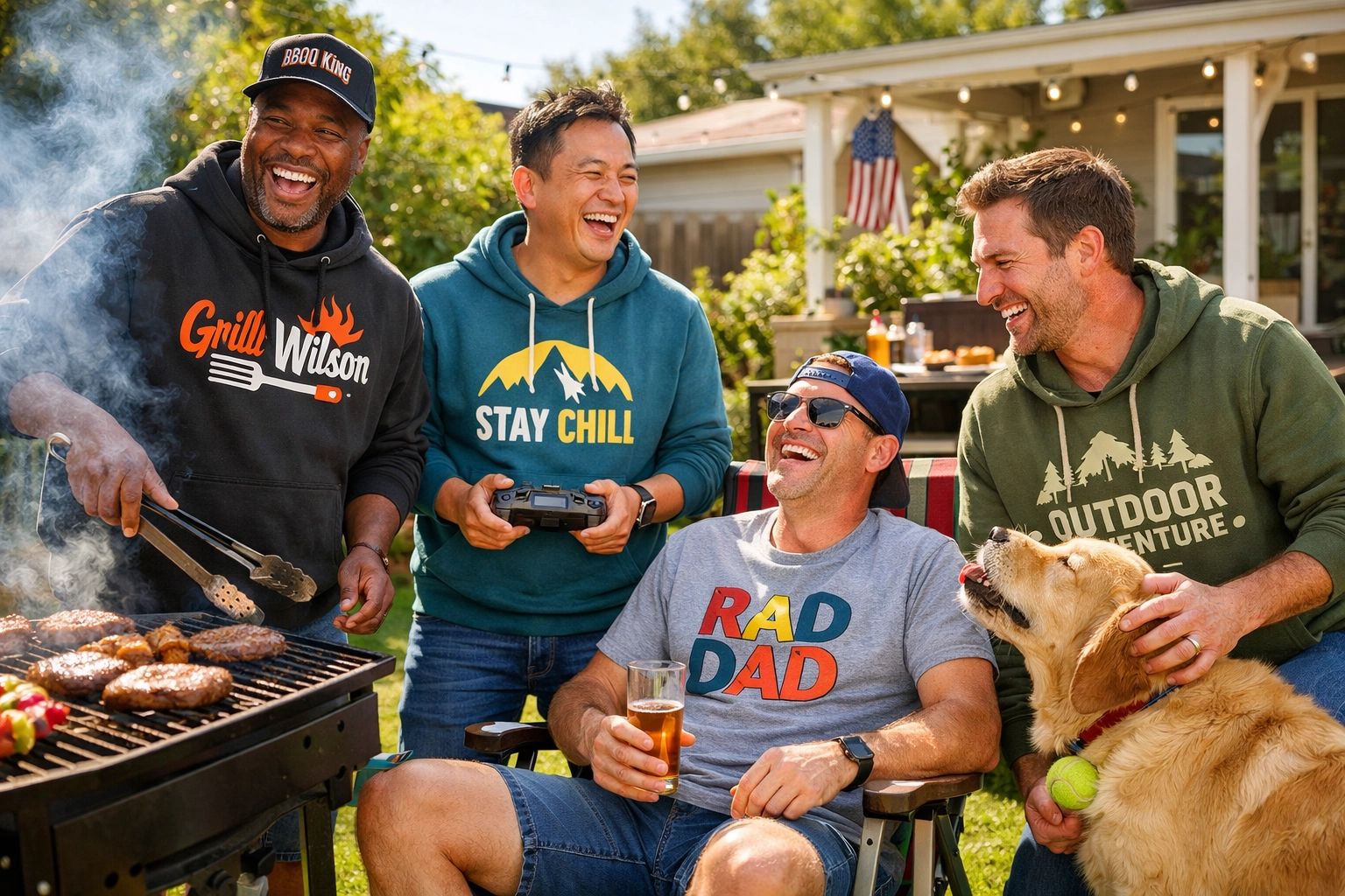 Diverse dads wearing film enthusiast gifts and TV series clothing at a sunny family BBQ.