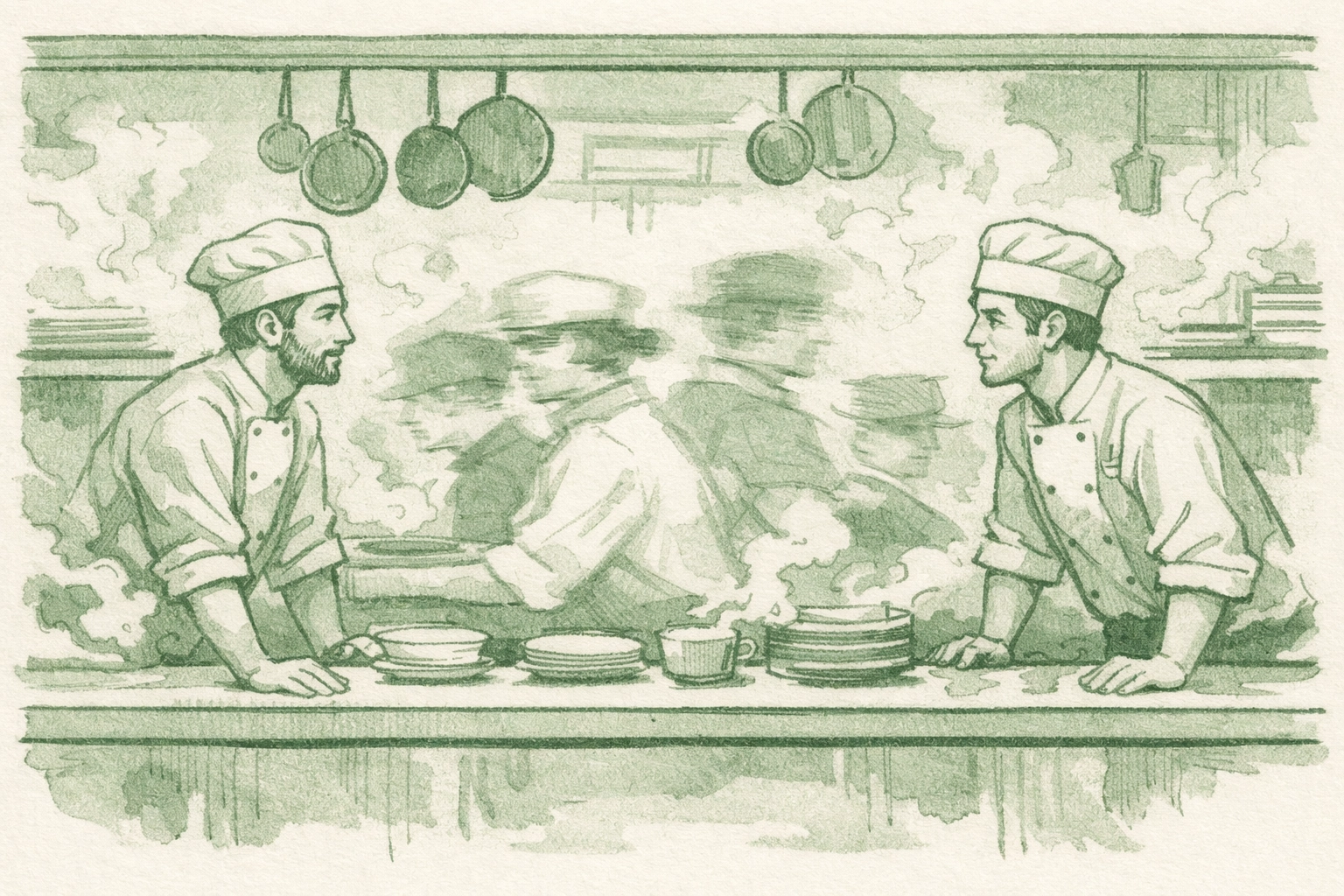 Contemporary gay romance: male chefs exchange meaningful glance across busy restaurant kitchen line