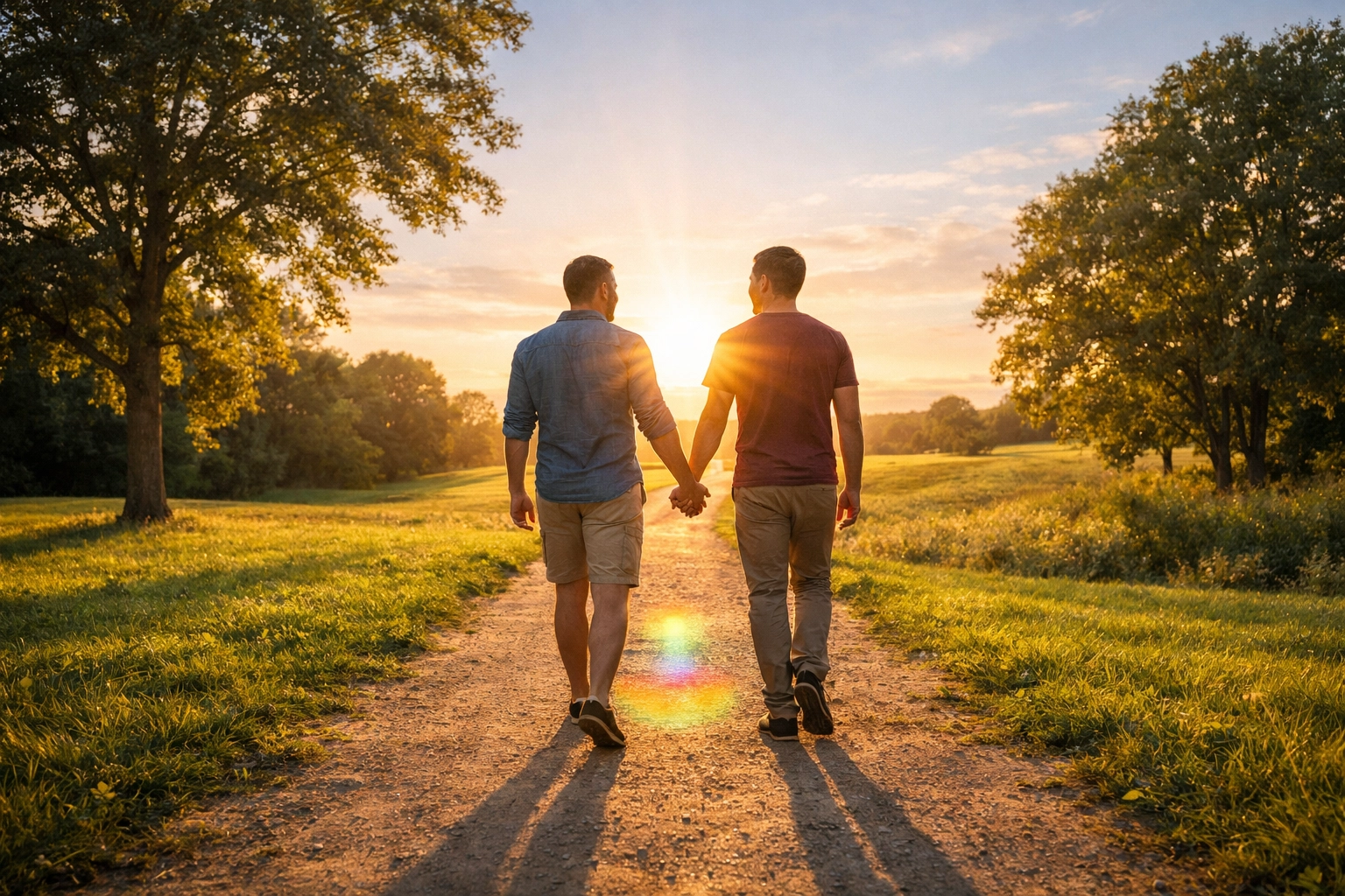 A happy gay couple walking into a bright future, prioritizing their joy and gay romance.