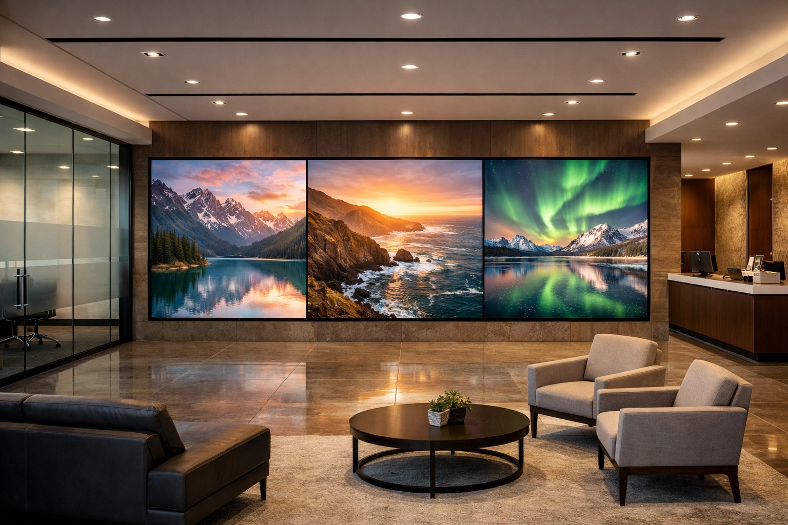 Modern corporate lobby with high-resolution digital wall displays showcasing strategic brand visibility solutions.