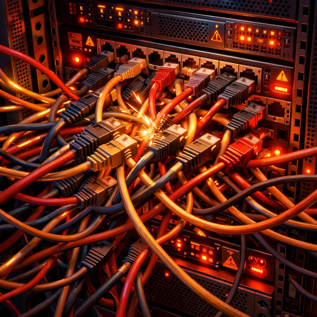 Crowded server rack representing the performance limitations of shared hosting for businesses.