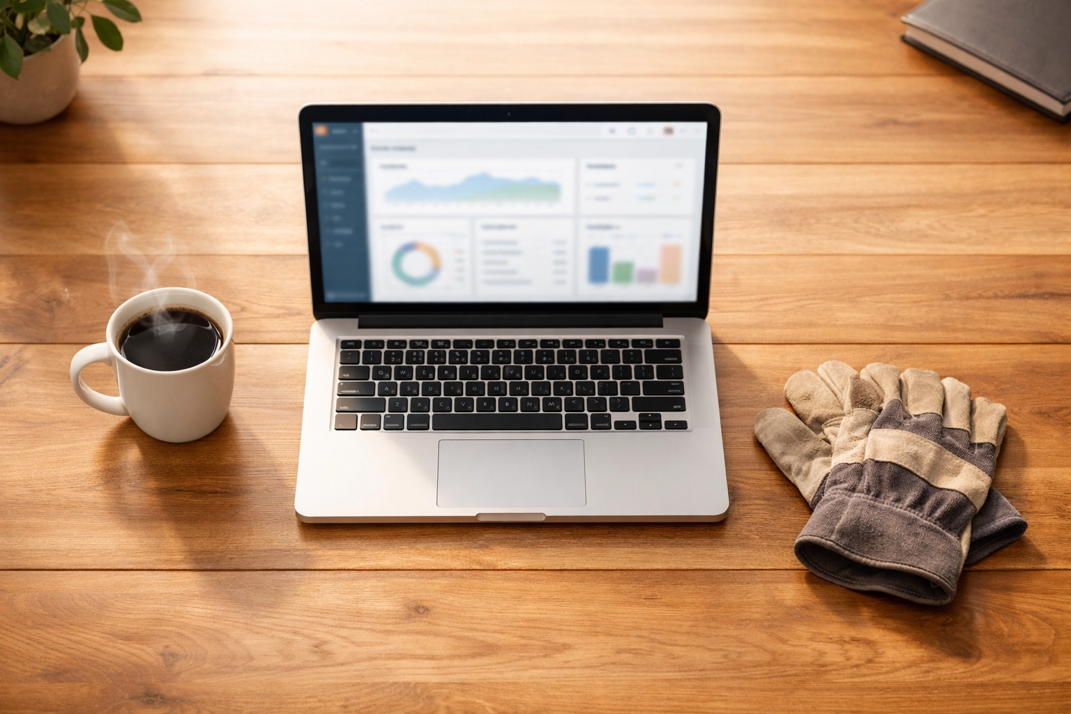 Organized desk with laptop and work gloves representing easy financial management for landscapers.
