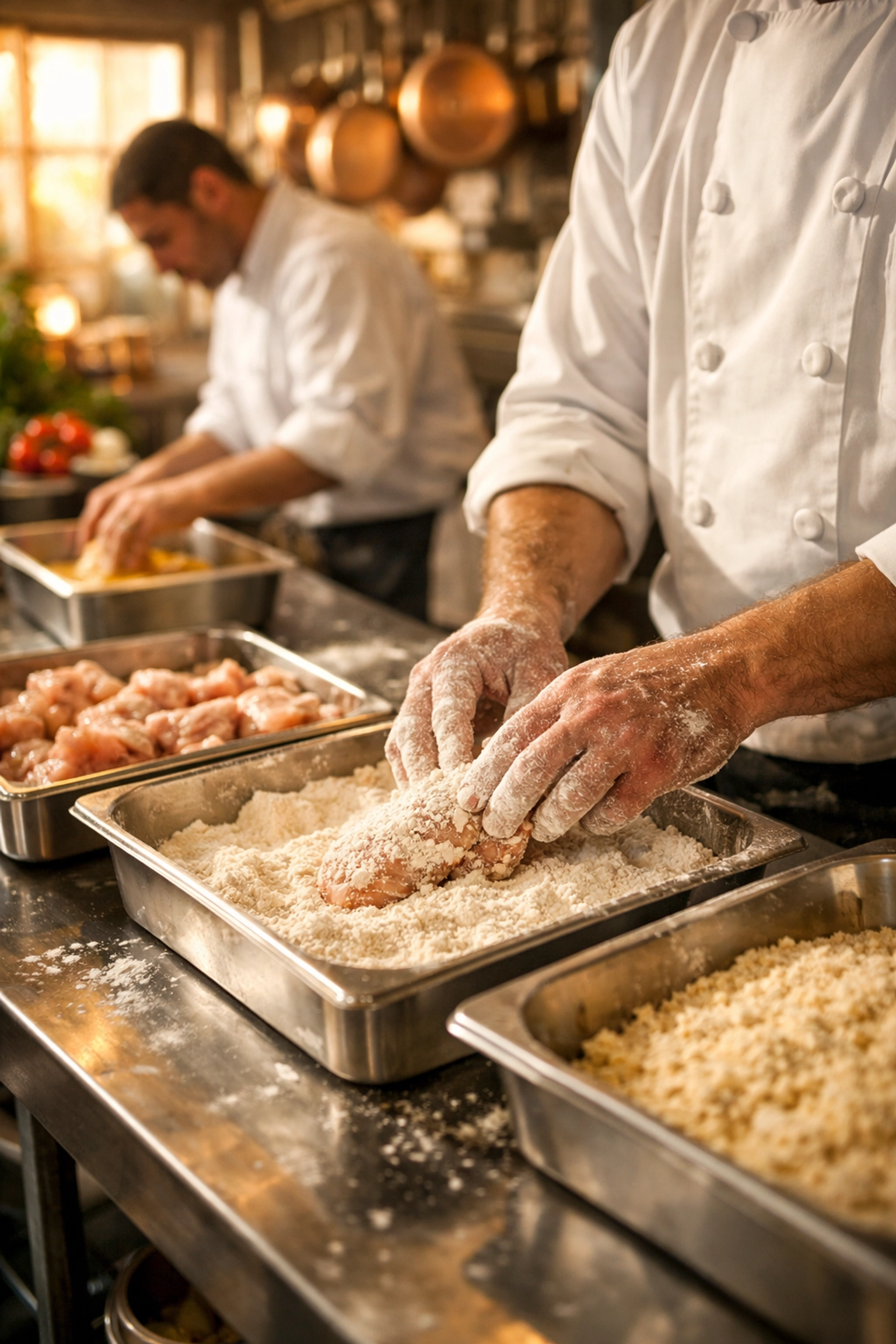 Restaurant chefs hand-breading fresh chicken in professional scratch kitchen demonstrating premium operations