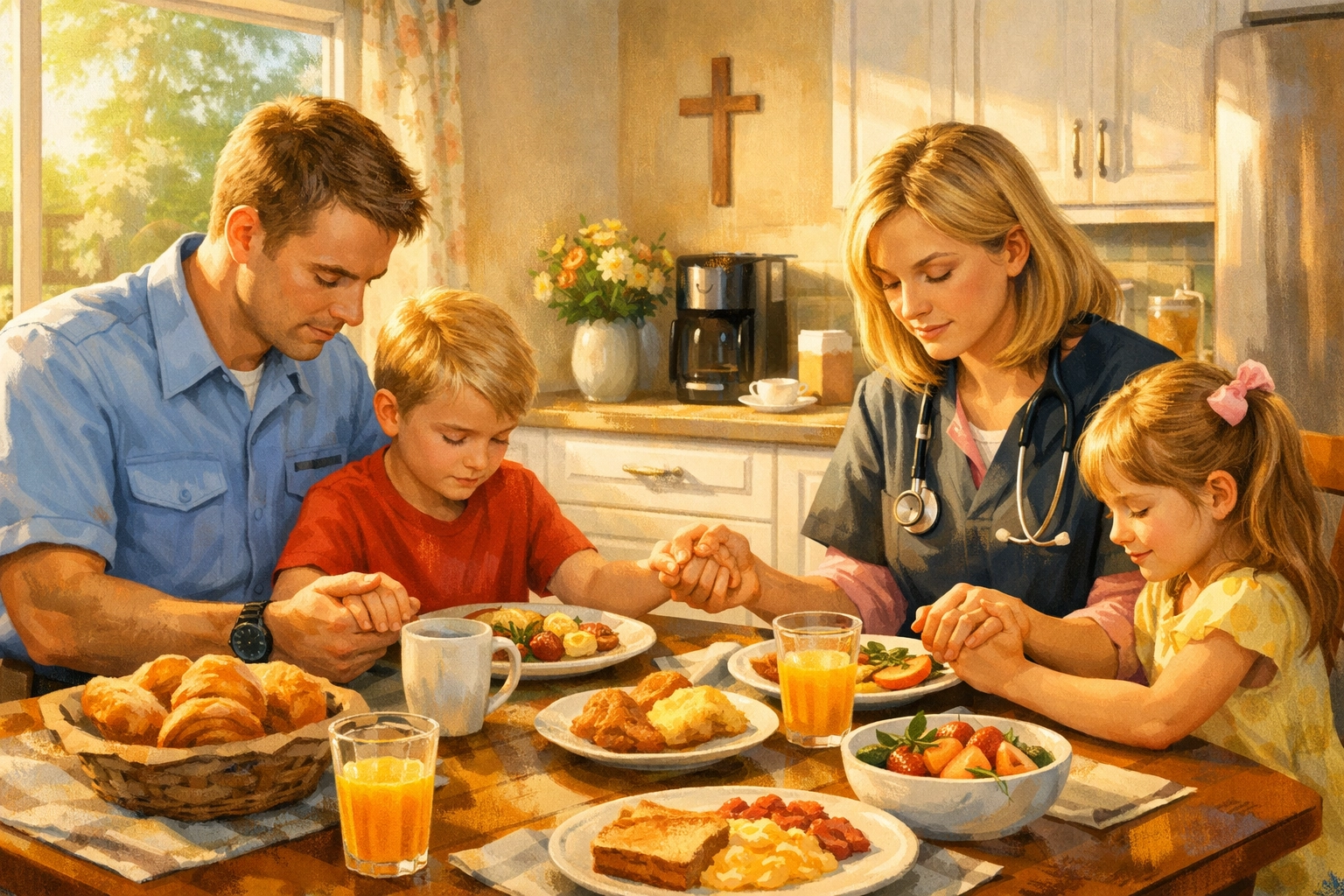 Family holds hands in morning prayer at breakfast, asking God for peace before work