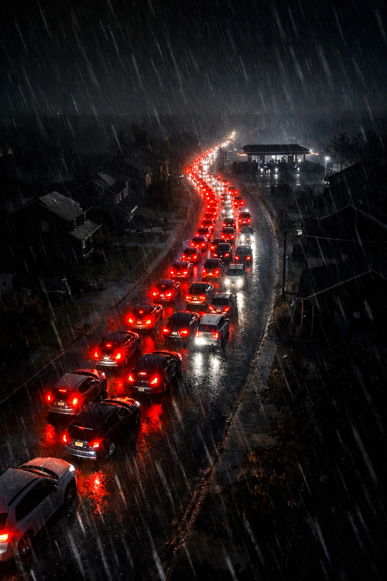 Long lines of cars waiting at a dark gas station during a nighttime power outage in the suburbs.