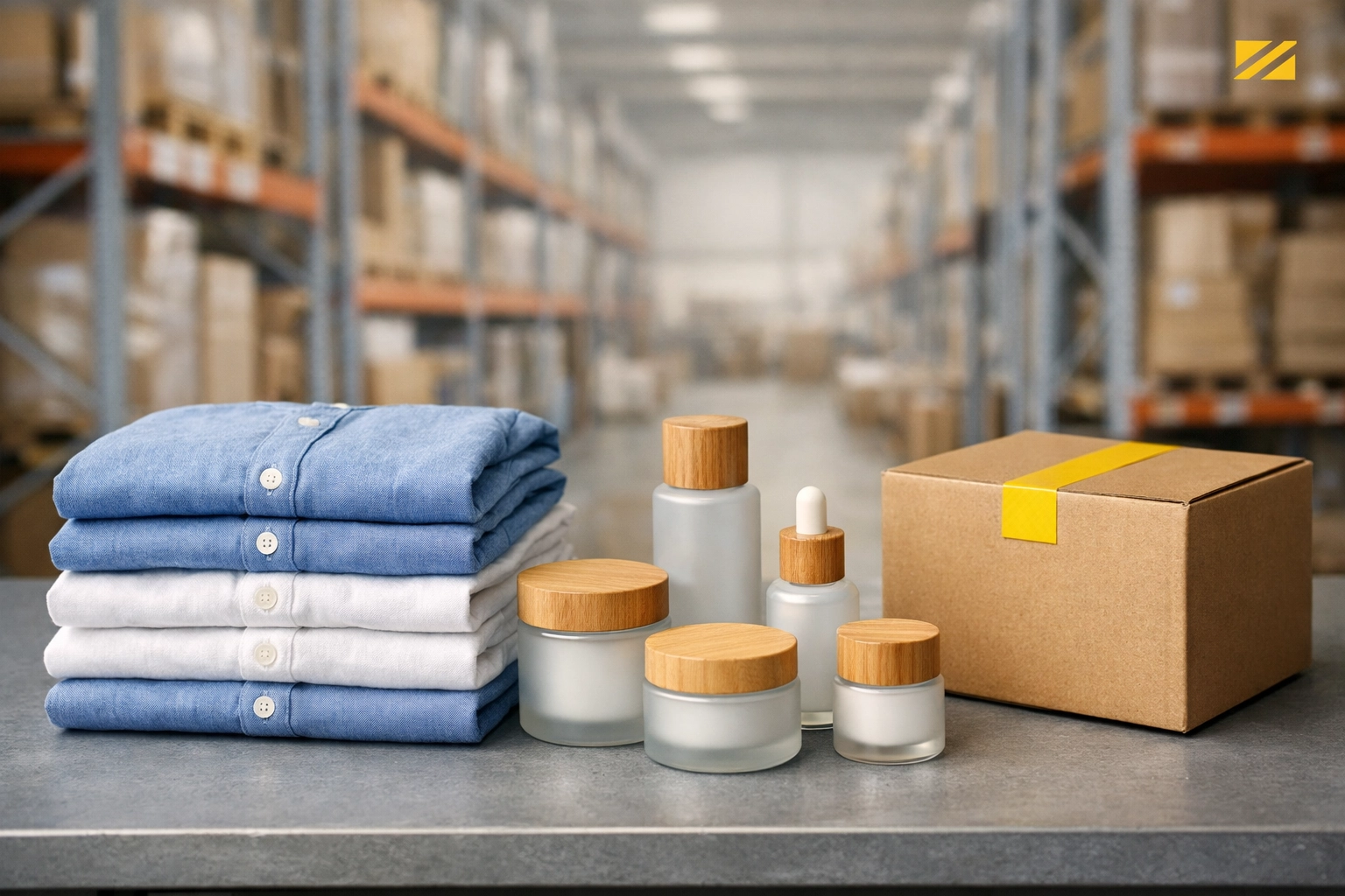 Wholesale clothing and beauty cosmetic products ready for inventory check in a professional warehouse.