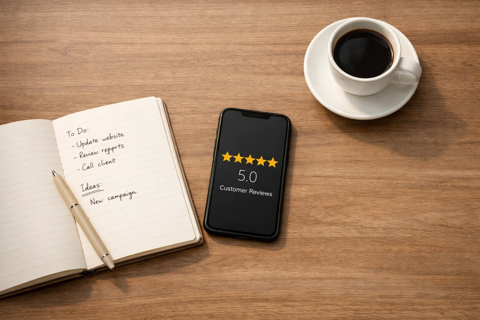 Smartphone displaying five-star customer reviews and testimonials on office desk