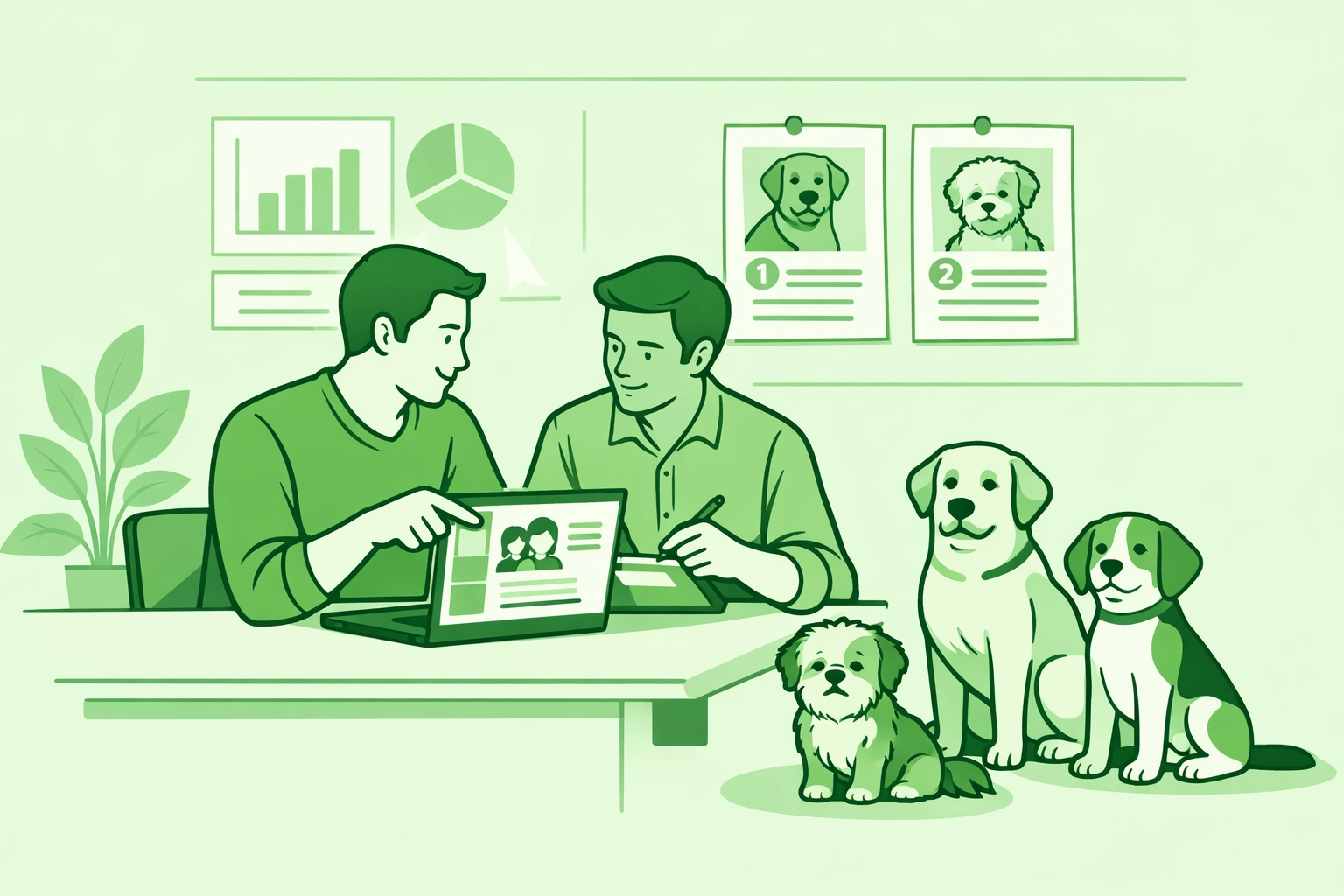 Gay best friends reviewing dog adoption profiles at their agency