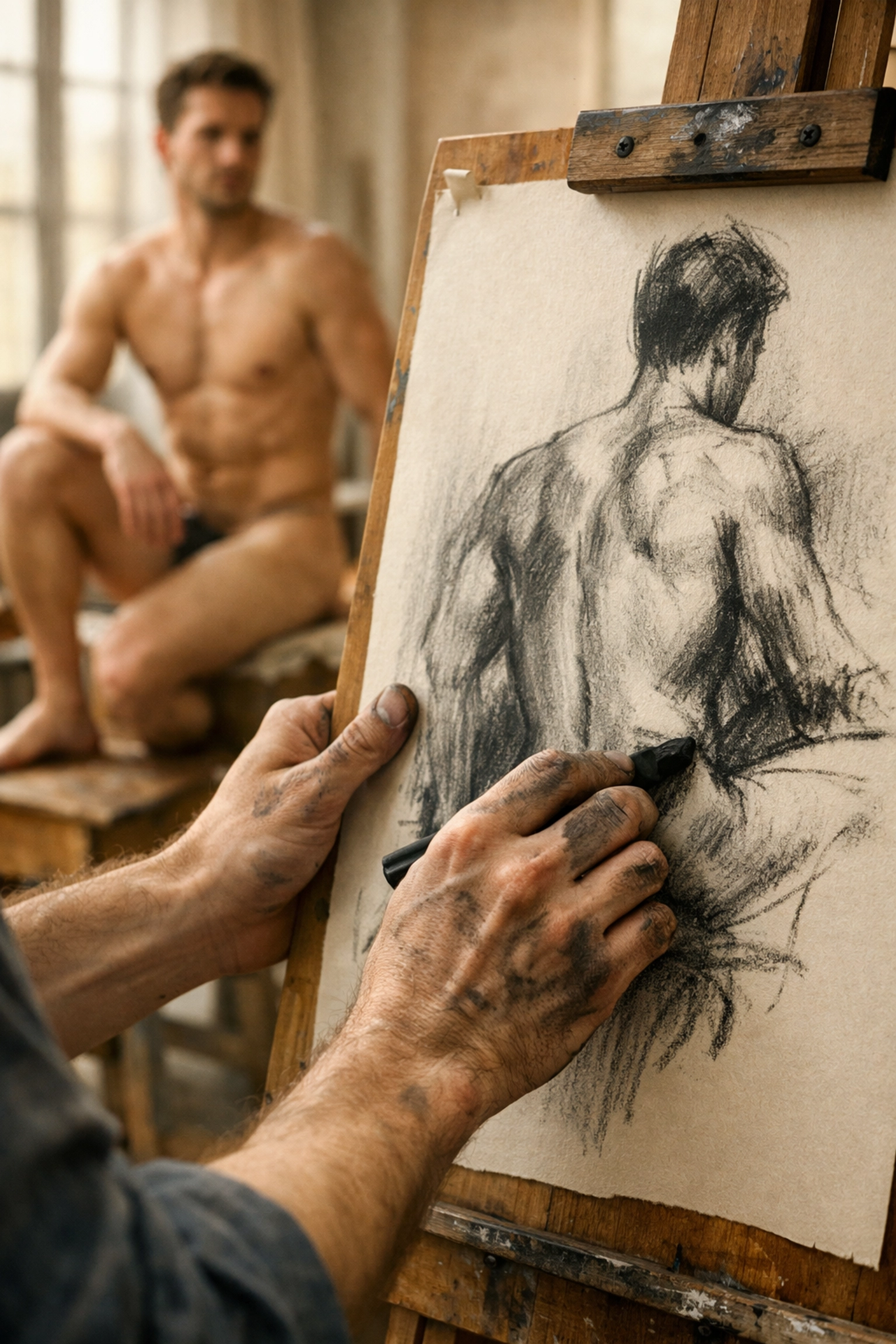 A gay artist sketches a male nude model in a university studio, exploring the queer gaze and artistry.