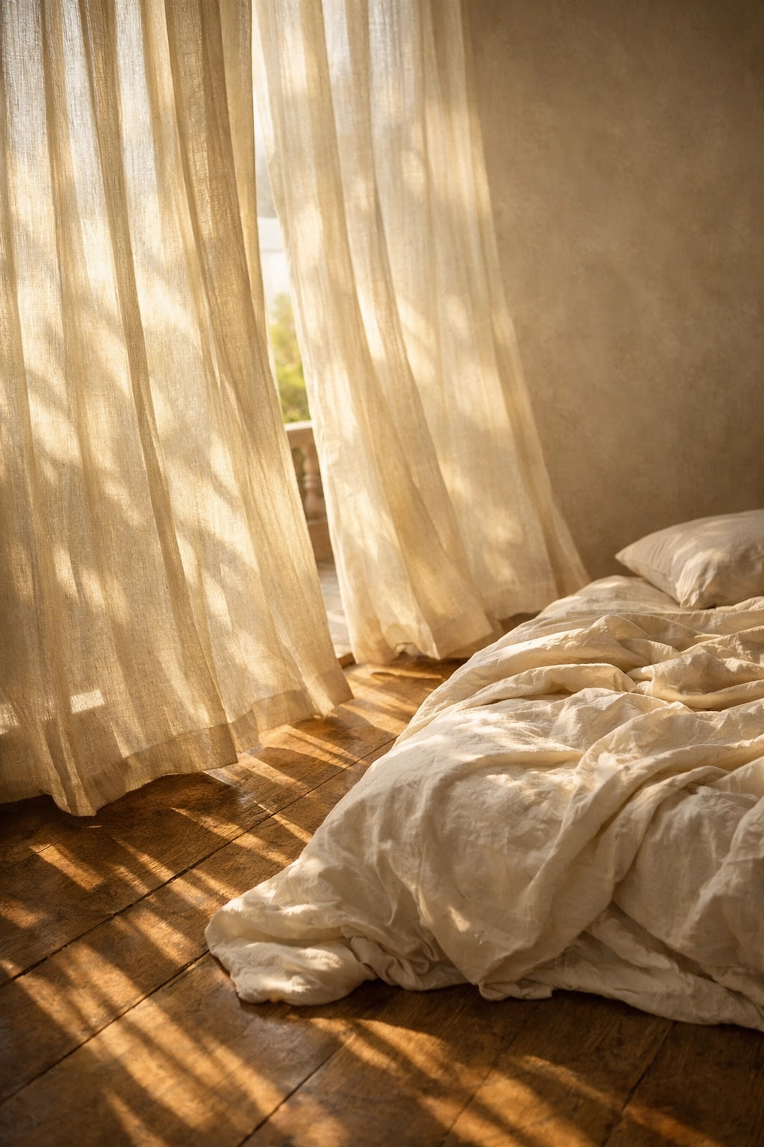 Sunlit curtains in a peaceful room symbolizing a calm nervous system for postpartum recovery support.