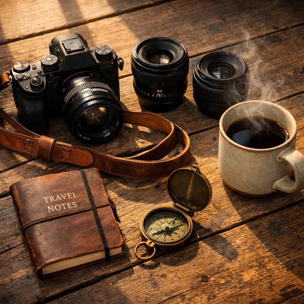 A travel photography kit featuring the best mirrorless camera, professional lenses, and accessories on a wooden table.