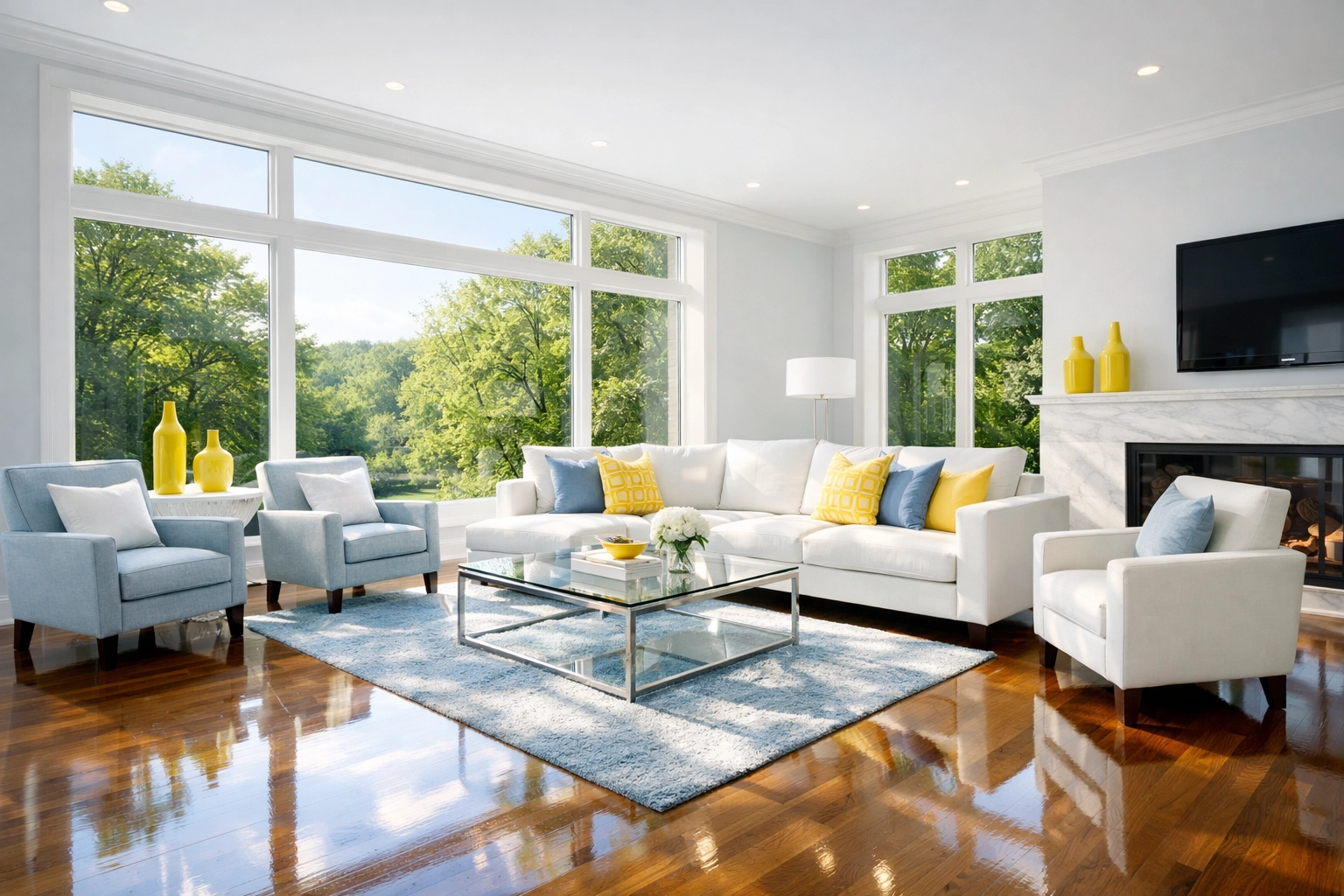 Modern living room with sparkling floors after a professional deep cleaning for improved indoor air quality.