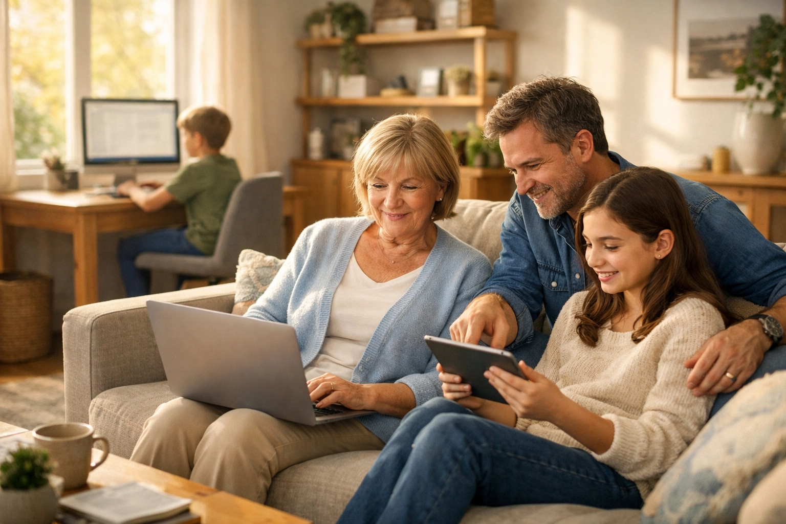 Multi-generational family comfortably using computers and tablets with Rahvion IT support at home