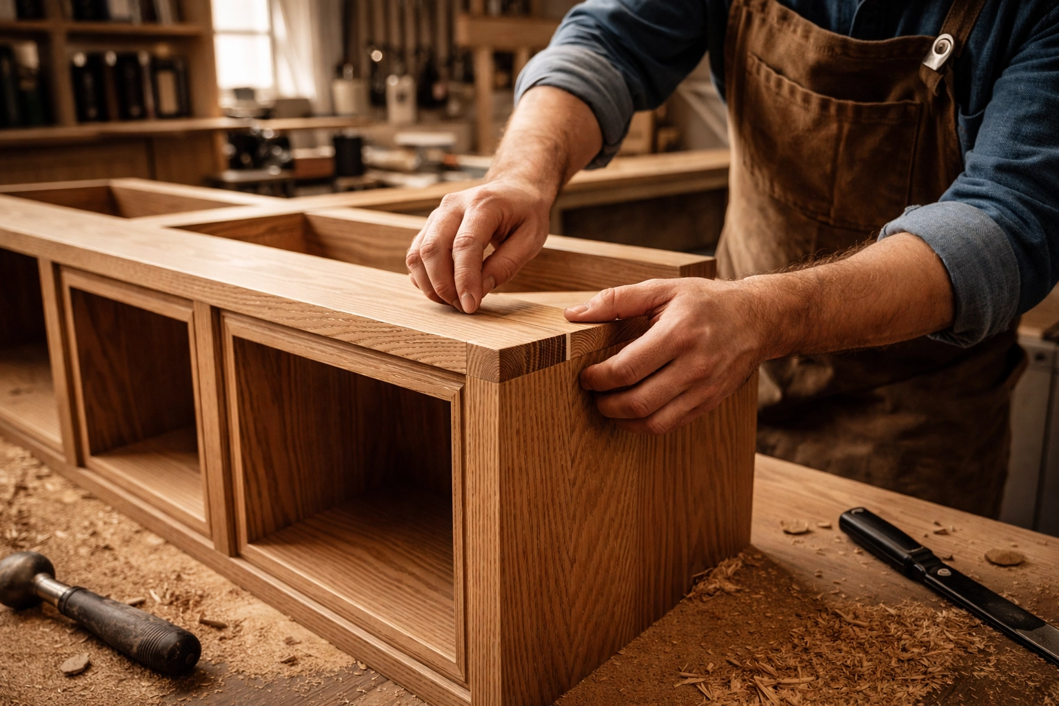 Skilled craftsman building custom cabinetry in Florida workshop with precision joinery