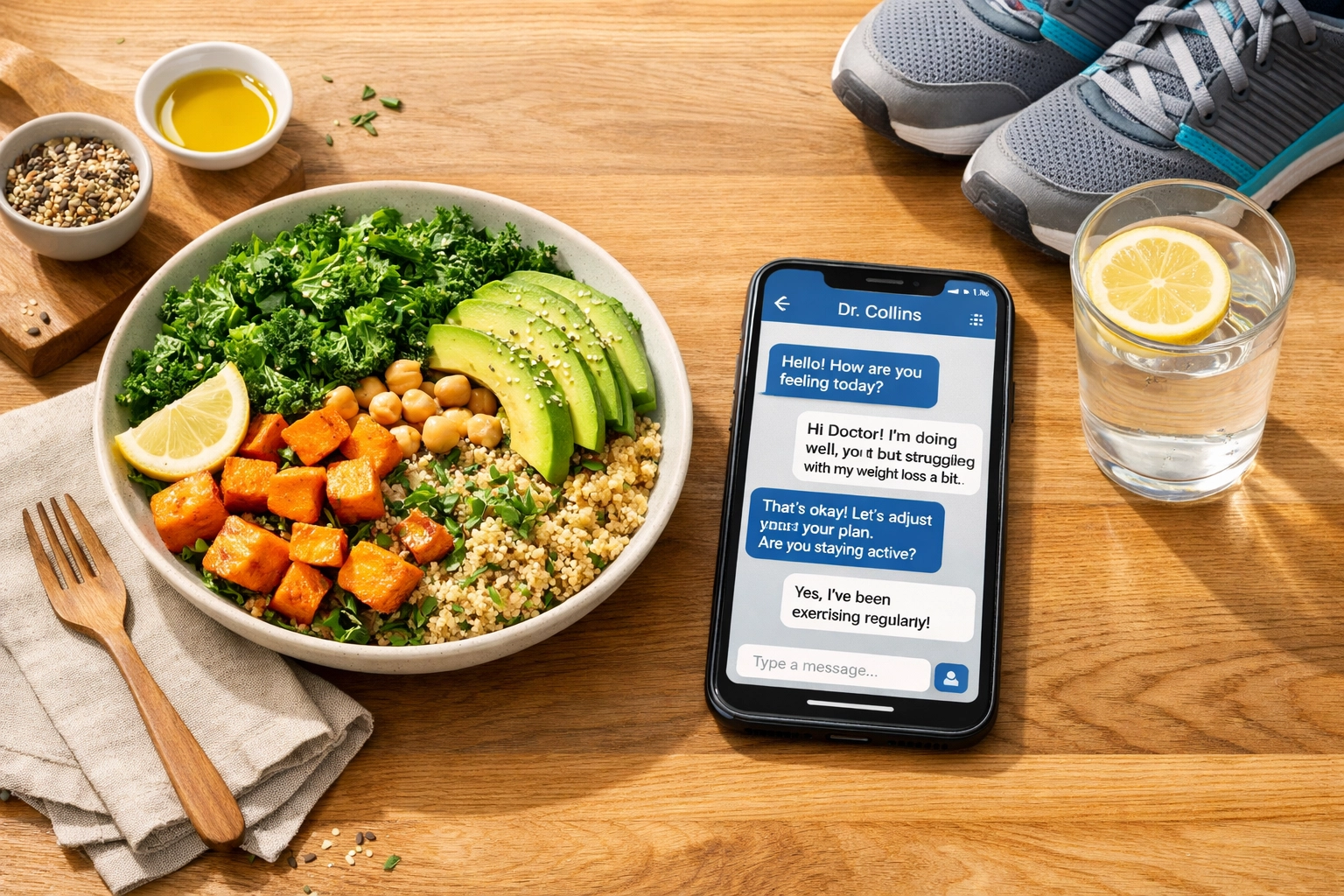 Nutritious meal and running shoes next to a smartphone for an online weight loss consultation via secure text.