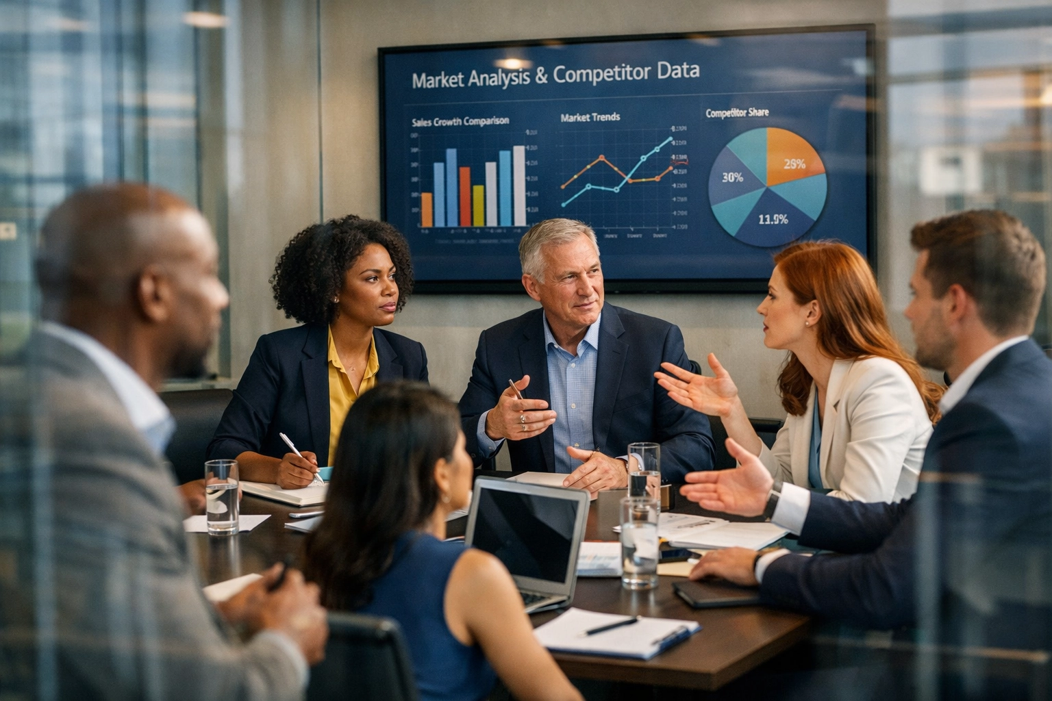 Business team analyzing market competition and competitor data in strategy meeting