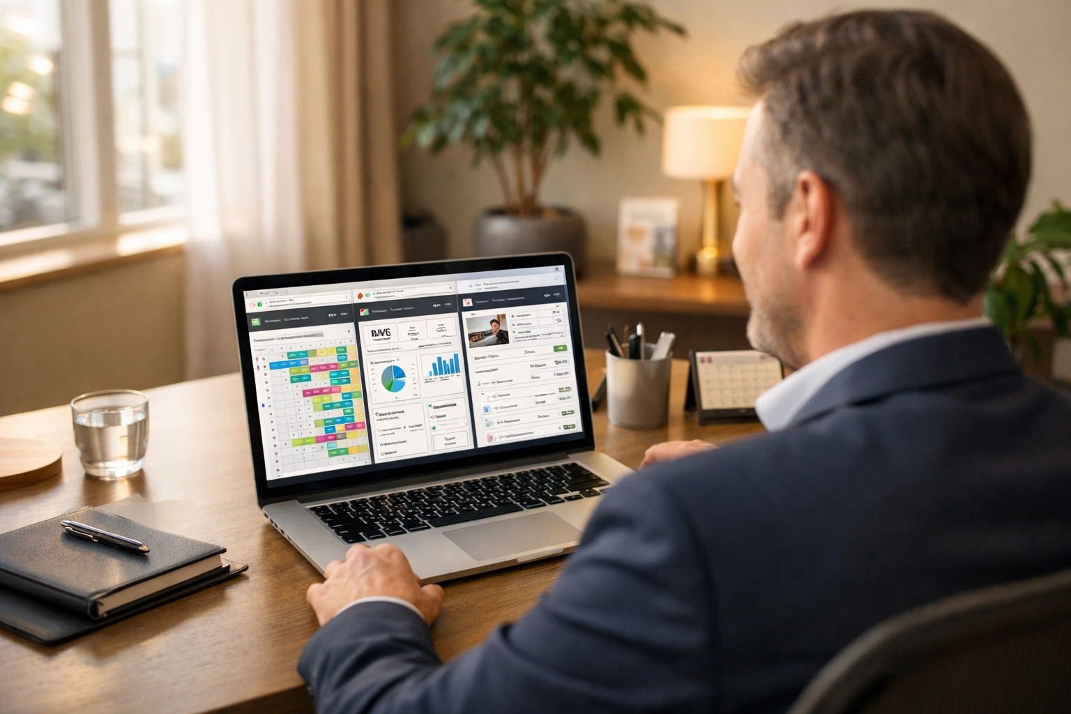 Hotel manager reviewing data-driven reports on cloud-native PMS platform