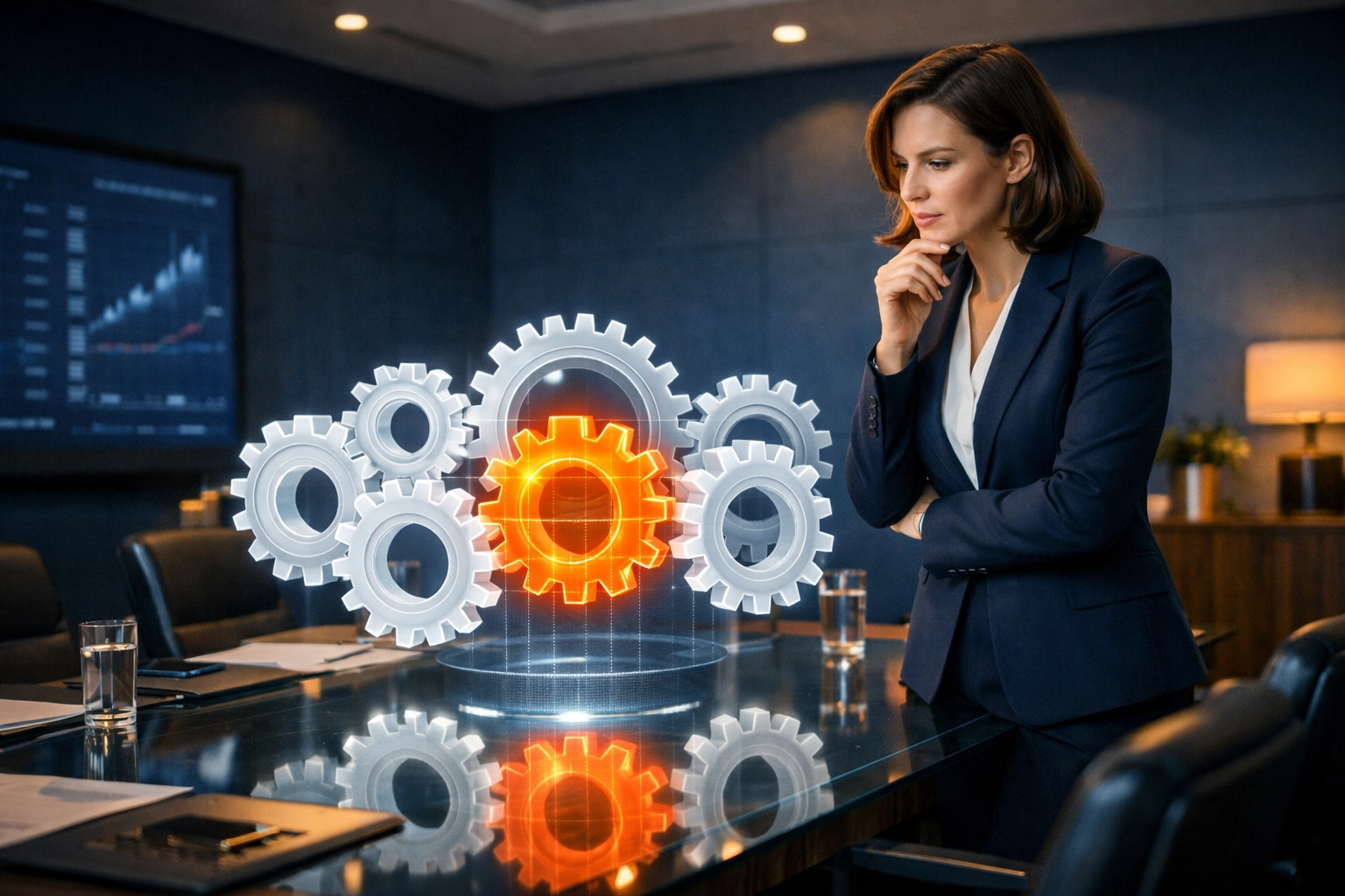 A missing gear in a corporate boardroom representing defective IP ownership during business brokerage.