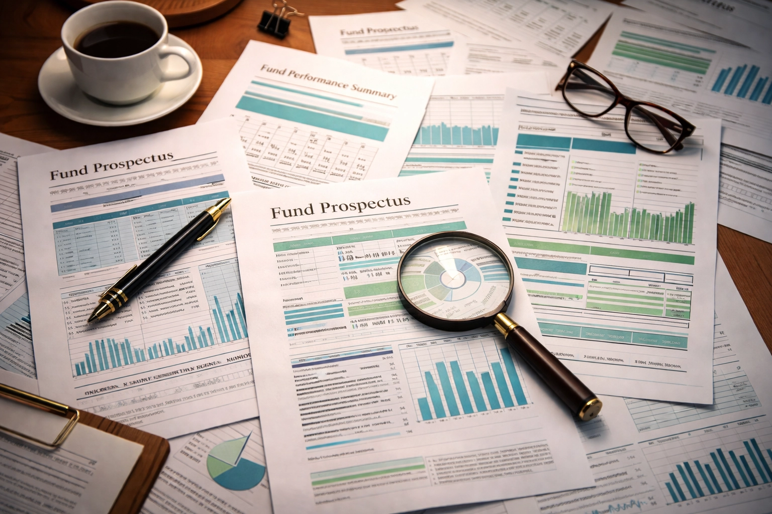 Overhead view of a cluttered desk with overlapping investment documents, highlighting risk of over-diversification