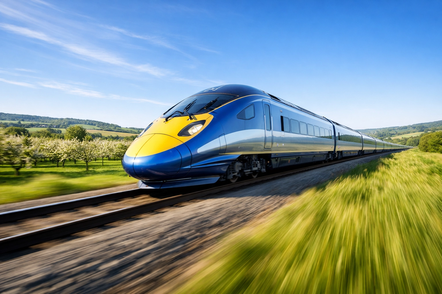 High-speed train speeding through the Kent countryside, showcasing business travel connectivity to London.