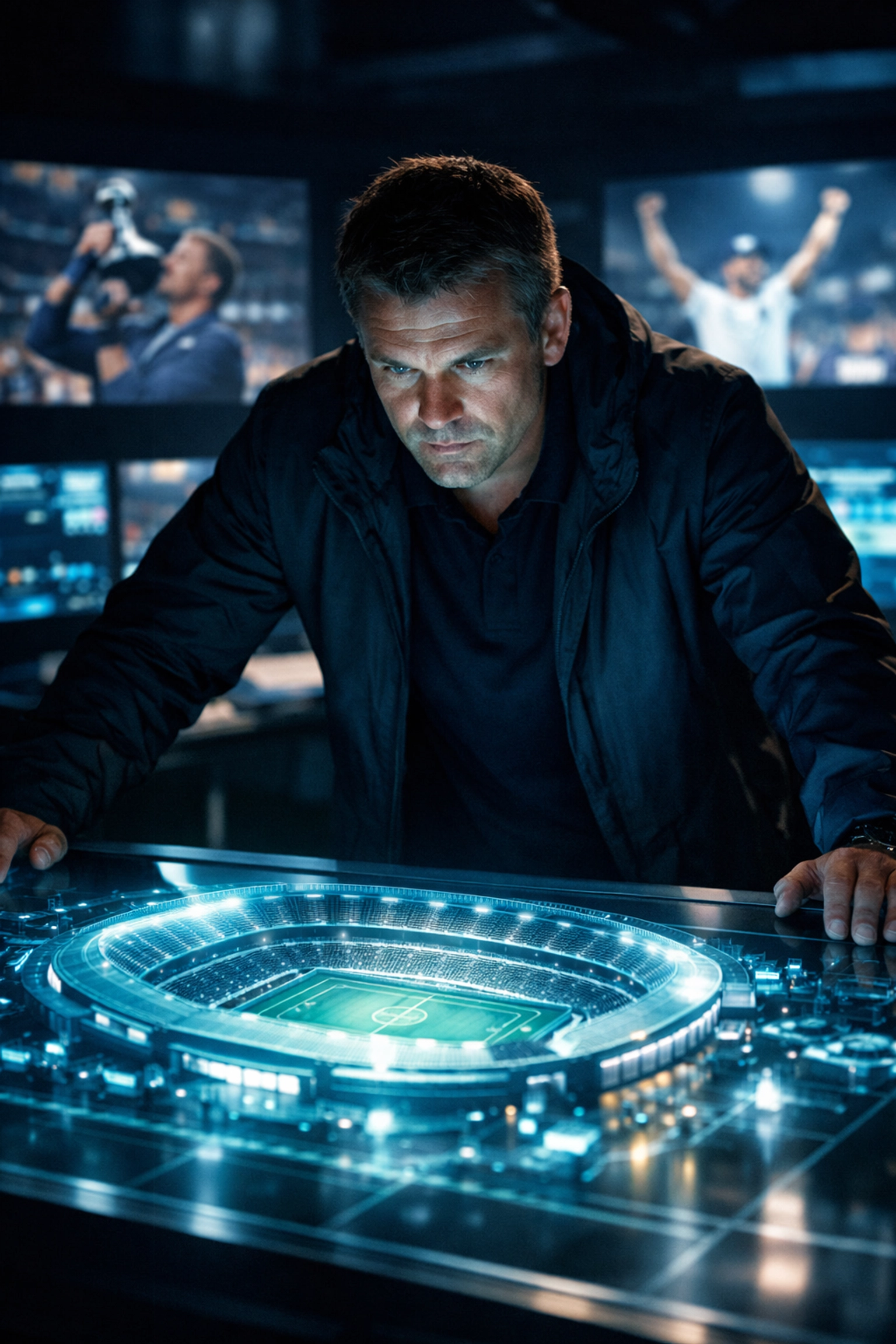 A sports coach and strategist planning an athlete's brand performance using a digital stadium map.