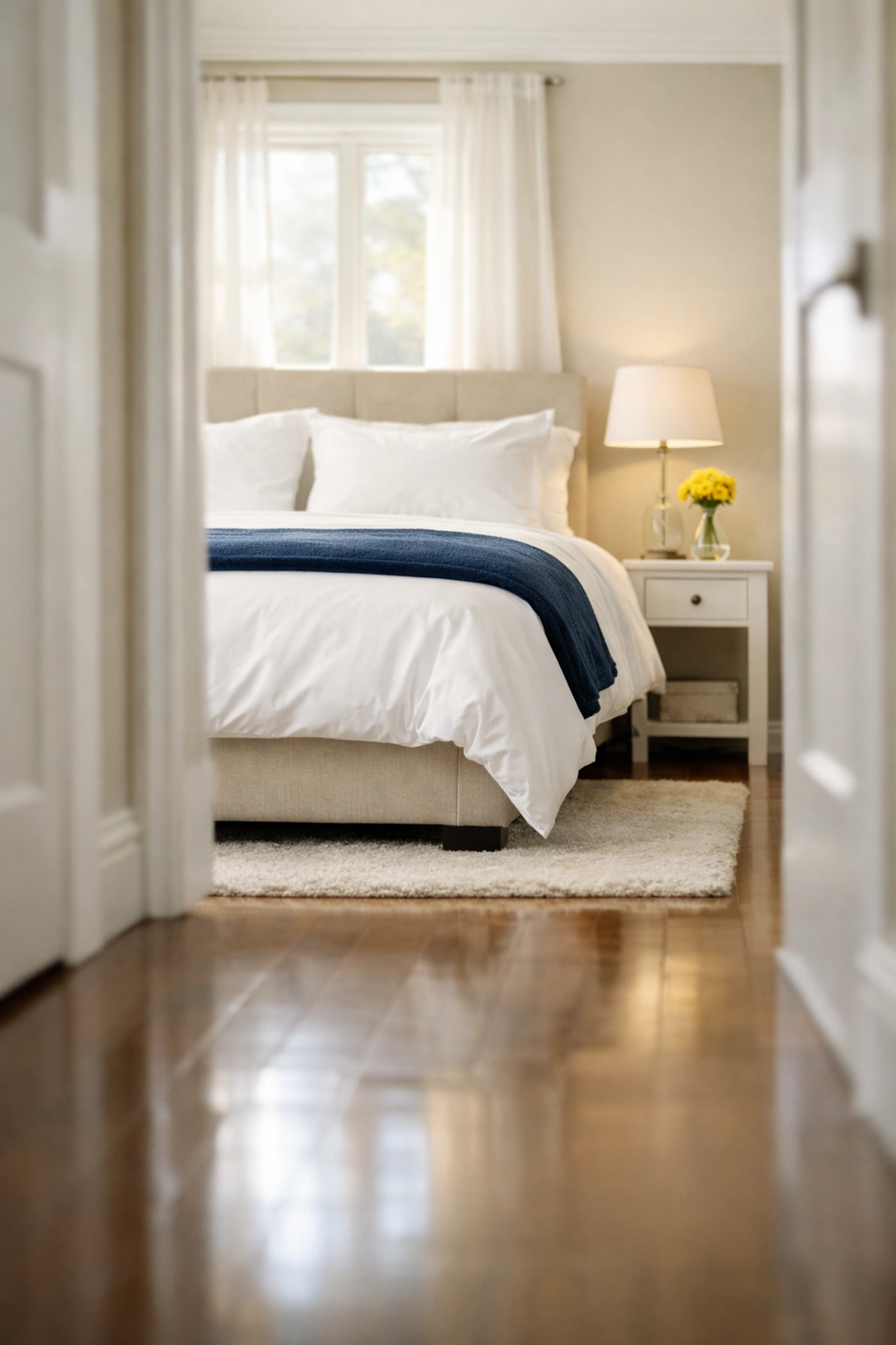 A bright and tidy master bedroom showing the stress-free results of house cleaning services MA.