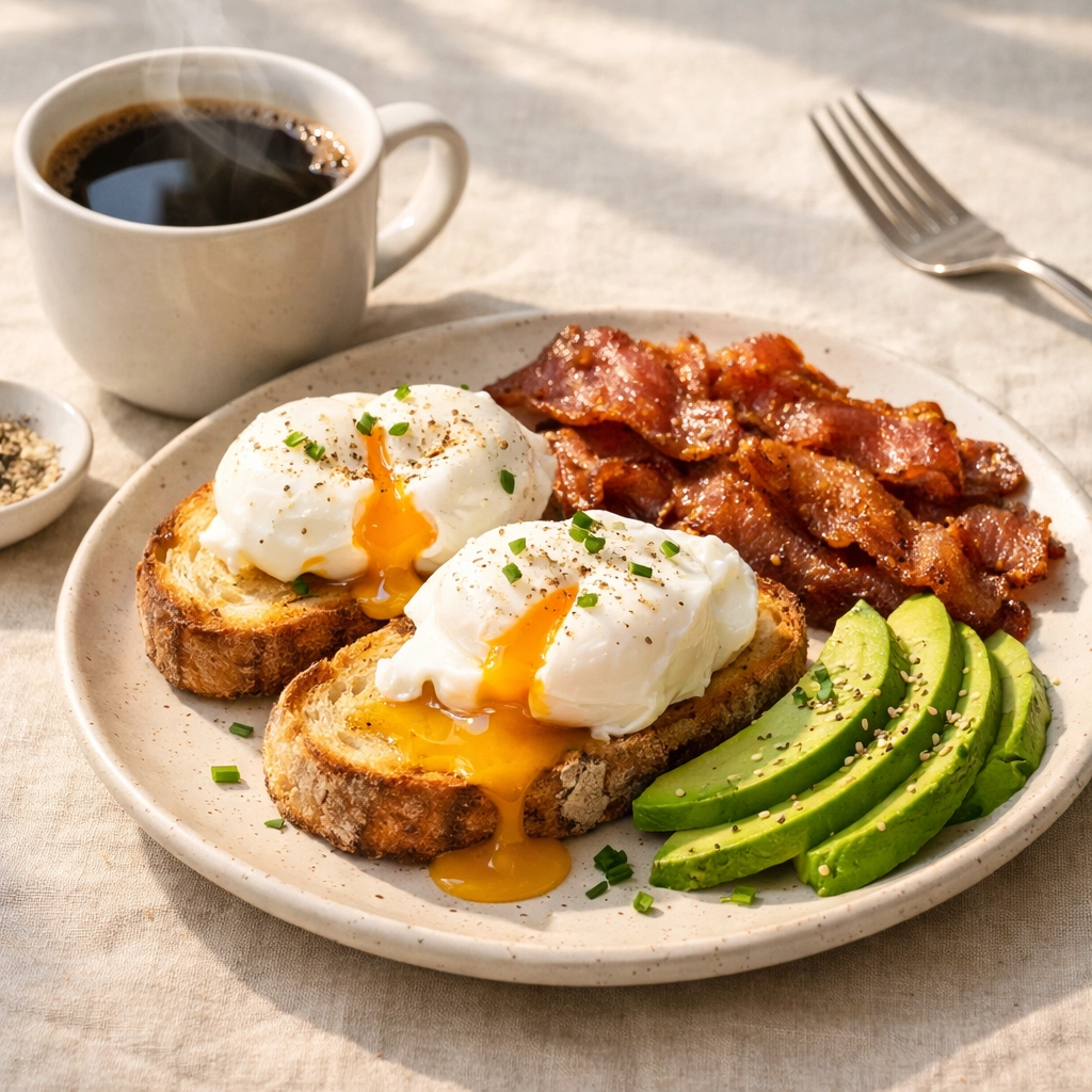 Savory brunch plate with poached eggs, bacon, and avocado served alongside freshly brewed coffee