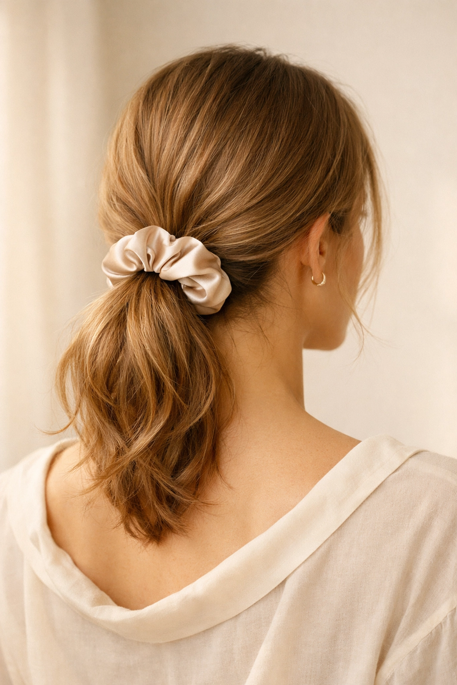 Loose ponytail with a silk scrunchie for a gentle hairstyle that prevents hair damage.