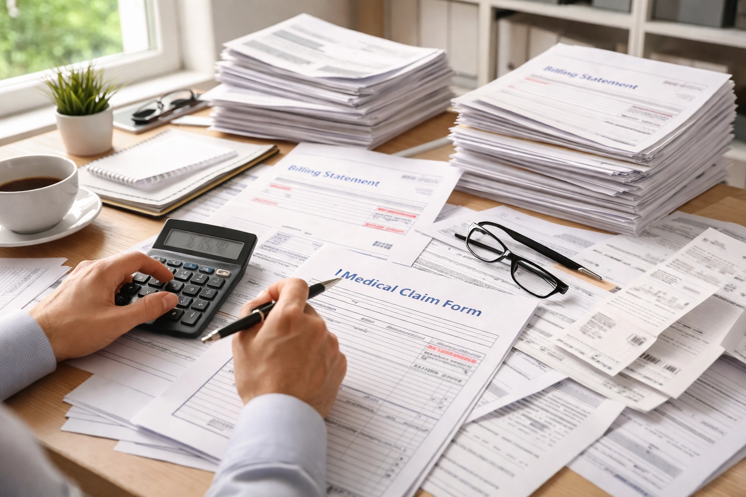 Overwhelmed medical office desk with bills and paperwork highlighting the complexity of in-house therapy billing costs