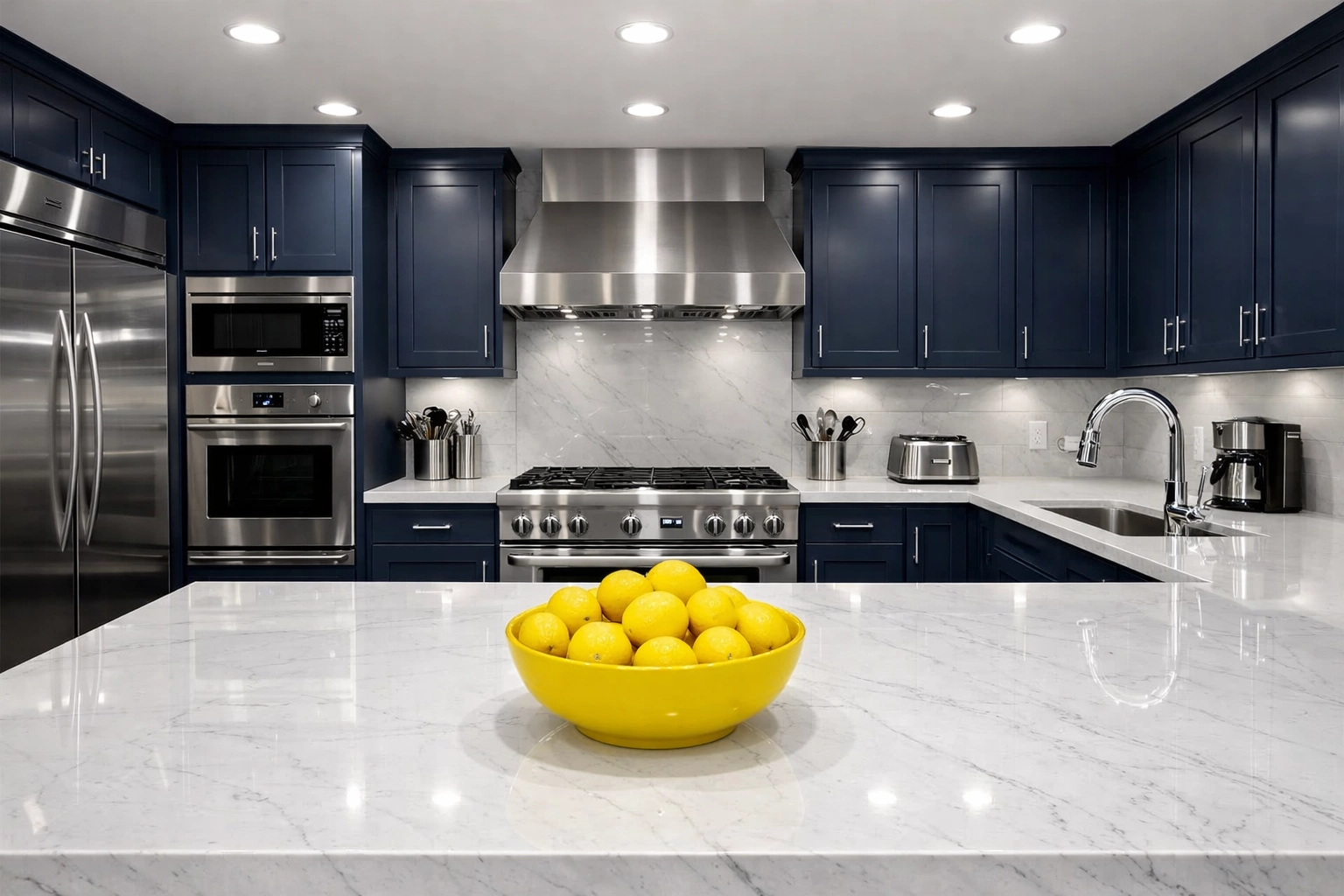 Sparkling luxury kitchen with marble countertops following a deep clean by house cleaning services MA.