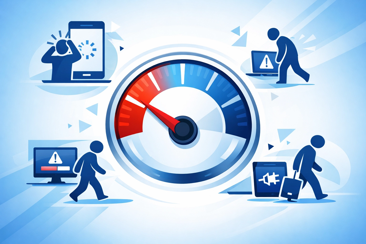 Website page speed performance gauge showing slow load times causing visitors to abandon site