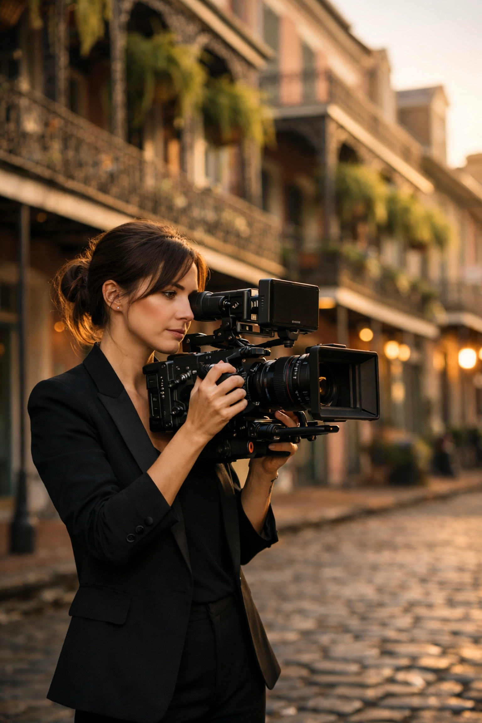 New Orleans wedding videographer filming on historic French Quarter street at golden hour