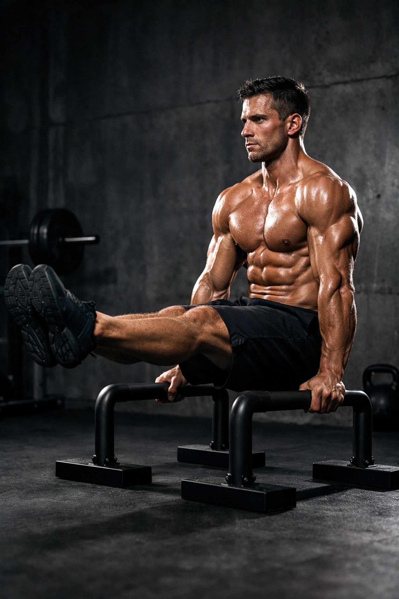 Athlete mastering an L-sit on steel parallettes, essential calisthenics equipment for home training.