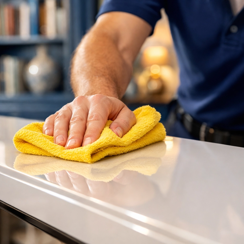 Professional house cleaning in Shirley MA using microfiber cloths to maintain a dust-free home.